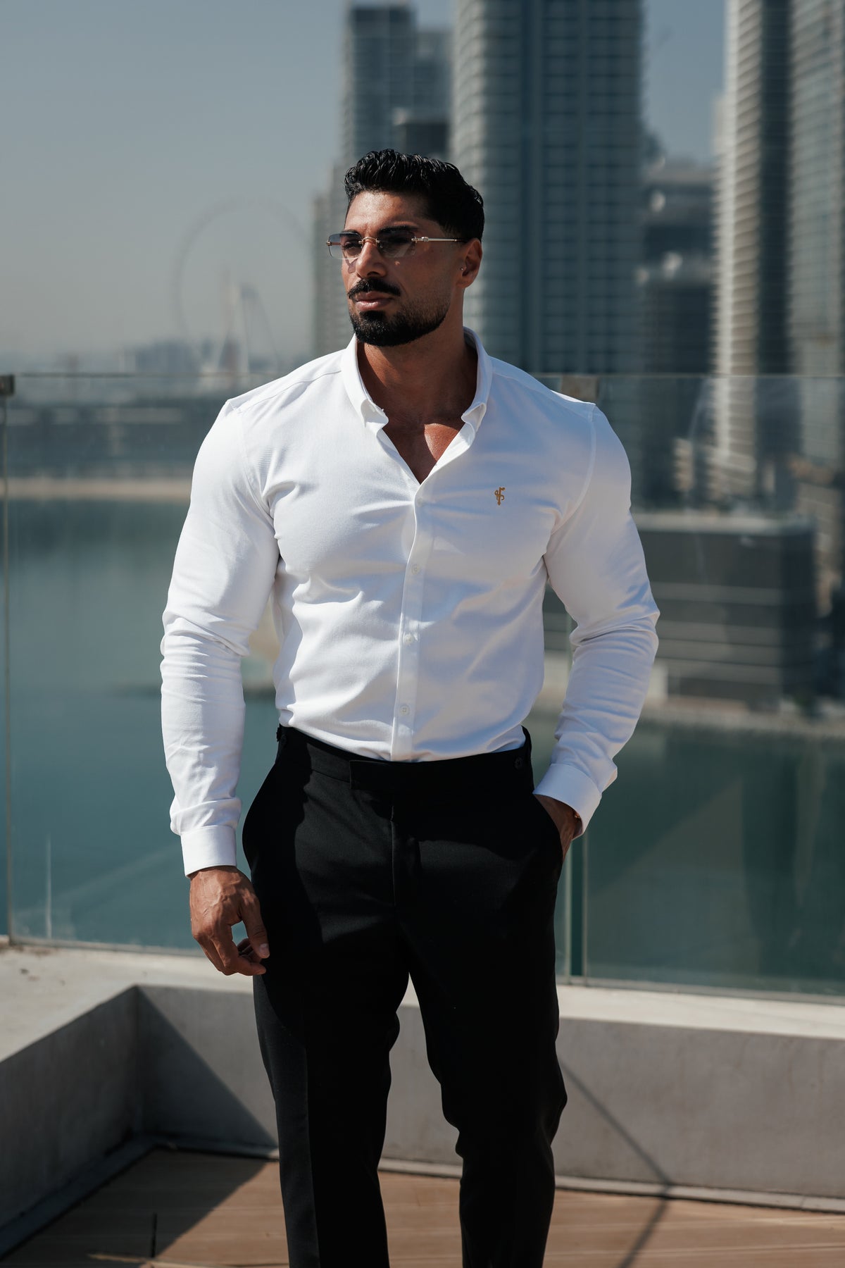 Super Slim Stretch White Denim Long Sleeve with Gold Embroidery and Button Down Collar - FS1282