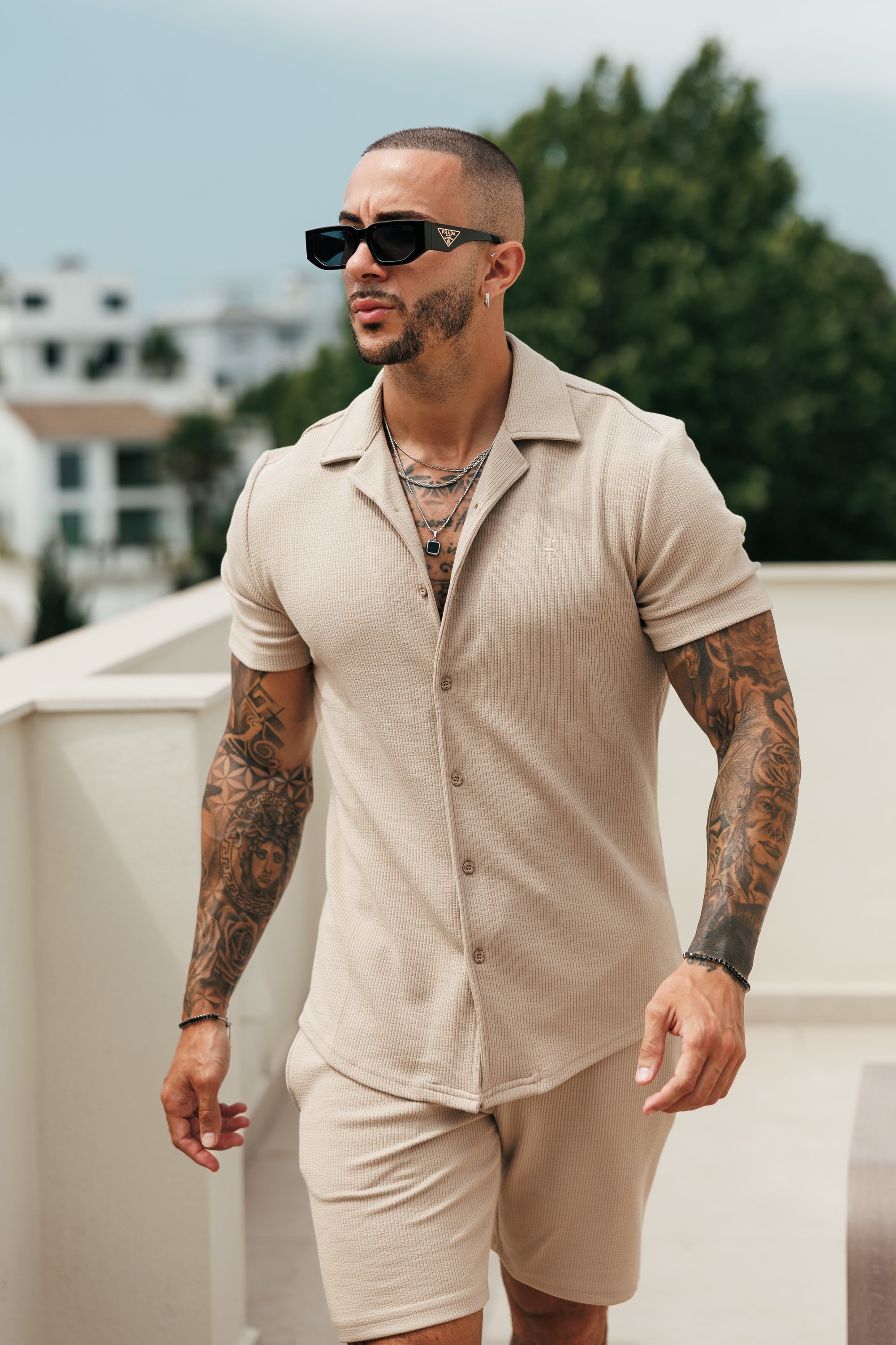 Jersey-Kord-Stretch-Hemd Beige Revers Kragen Kurzarm - FSR073