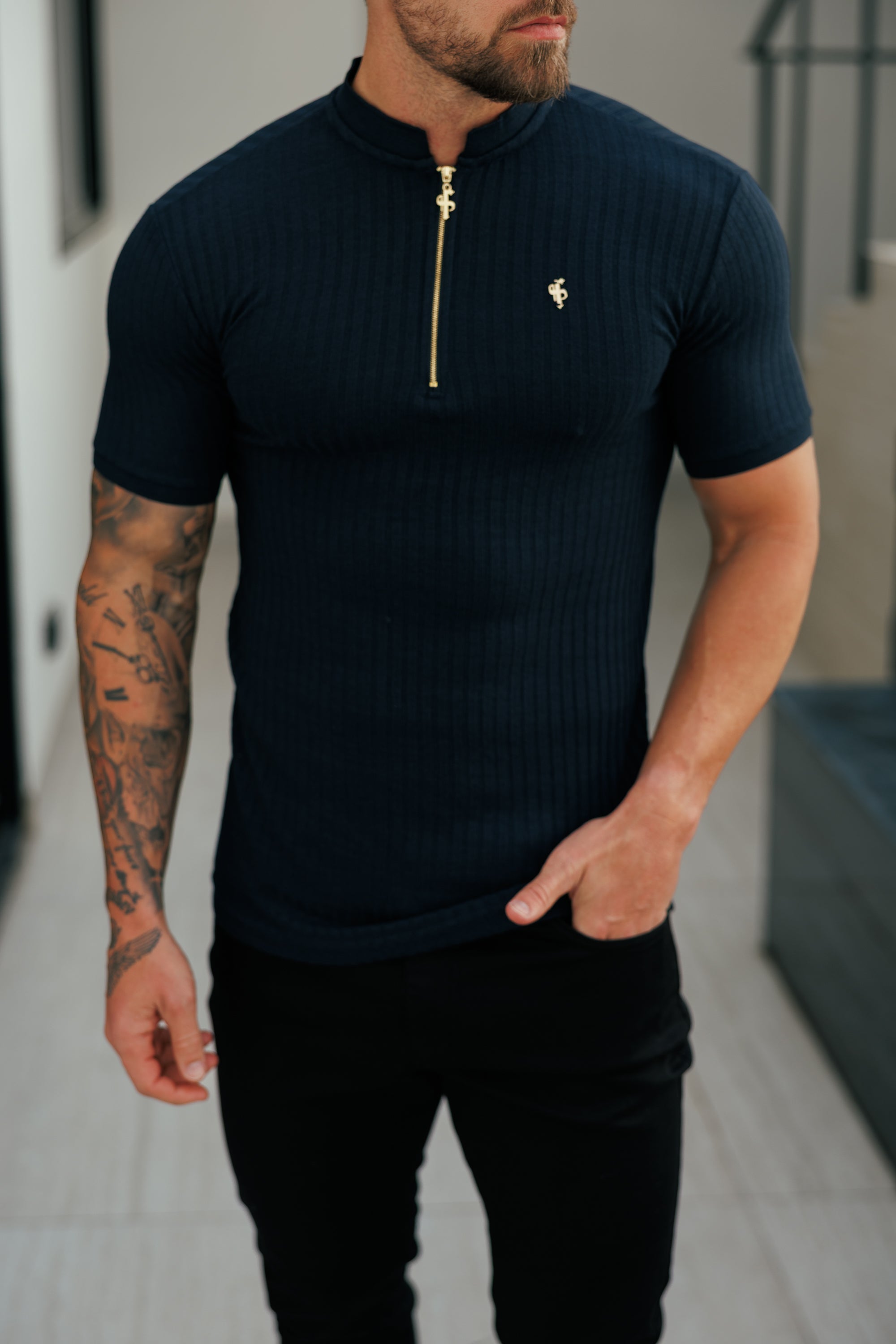 Classic Navy Ribbed Zip Grandad Collar Shirt Short Sleeve - FSH773