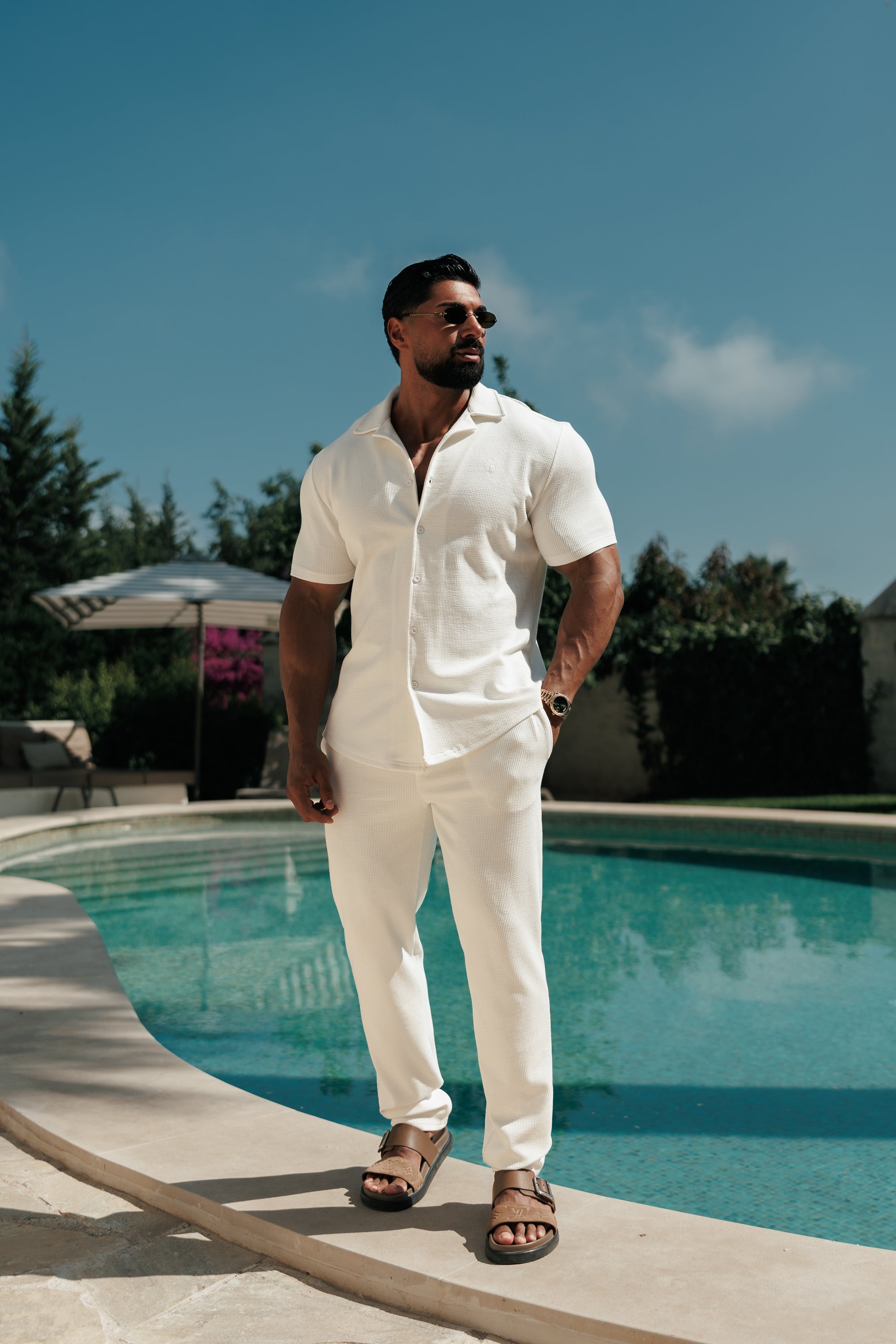 Jersey Cord Stretch White Revere Shirt Short Sleeve - FSR069 (PRE ORDER 18TH JULY)