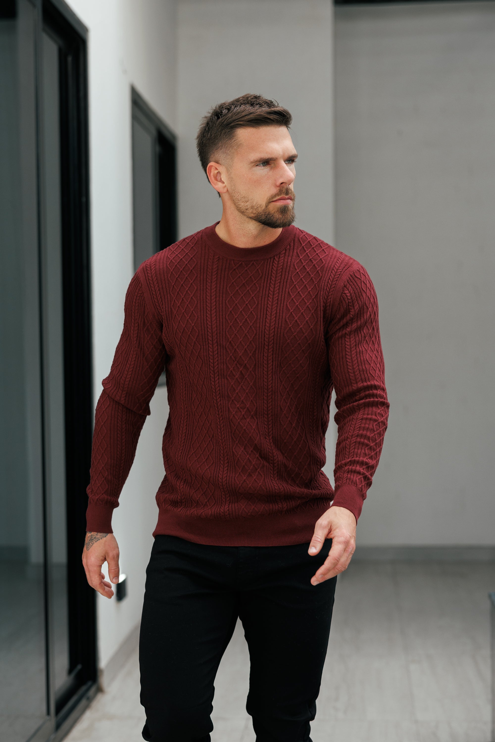 Feinstrickpullover mit Rautenmuster, burgunderrot, langärmlig - FSA008