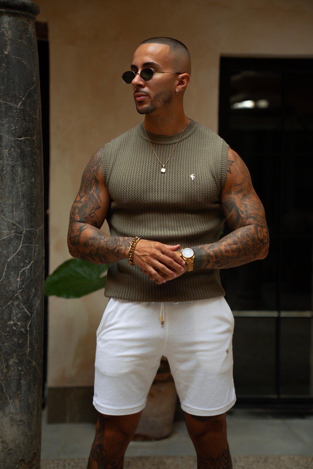 Beige / Gold Viscose Crochet Knitted Vest - FSJ163