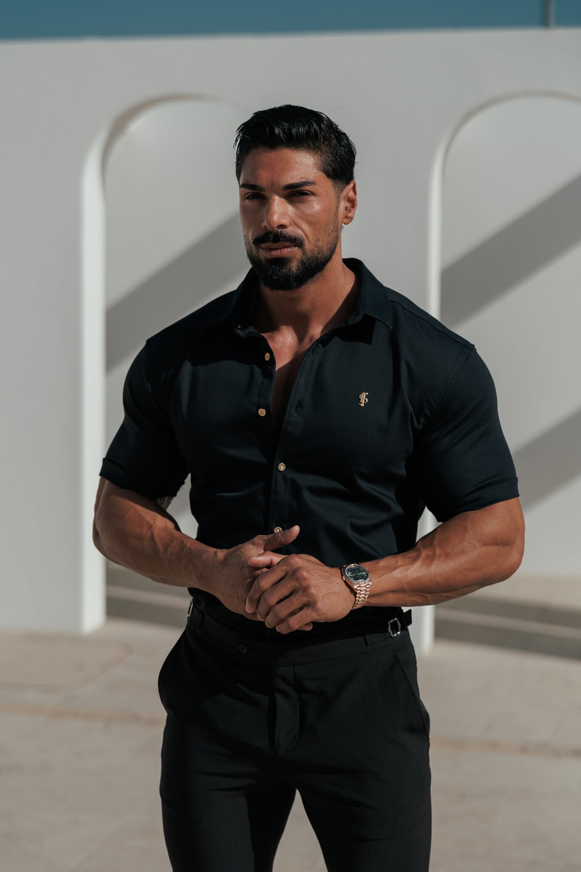 Super Slim Stretch Black Denim Short Sleeve with Gold Metal Decal and Buttons - FS1237