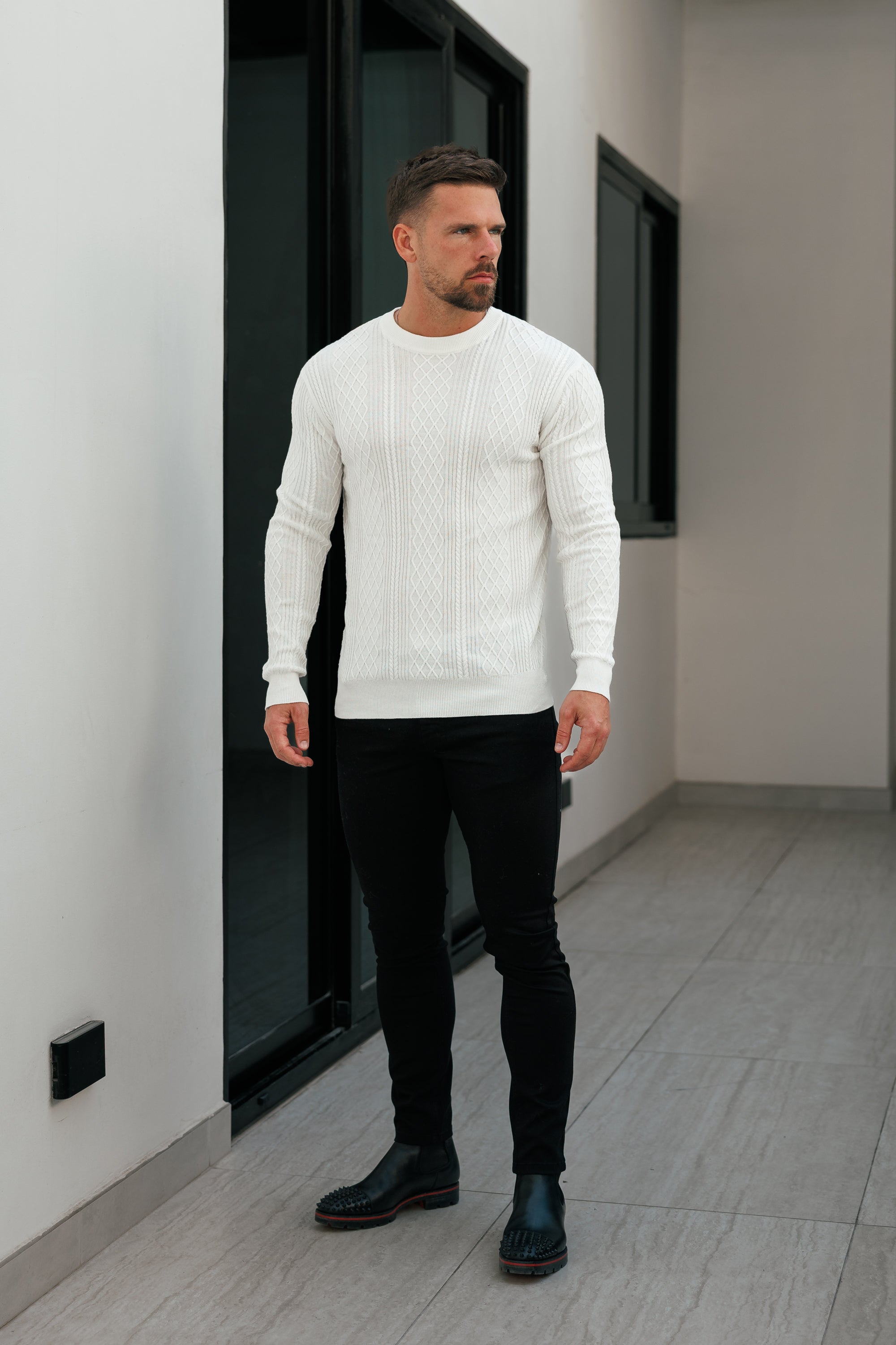 Feinstrickpullover mit Rautenmuster, cremeweiß, langärmlig - FSA005