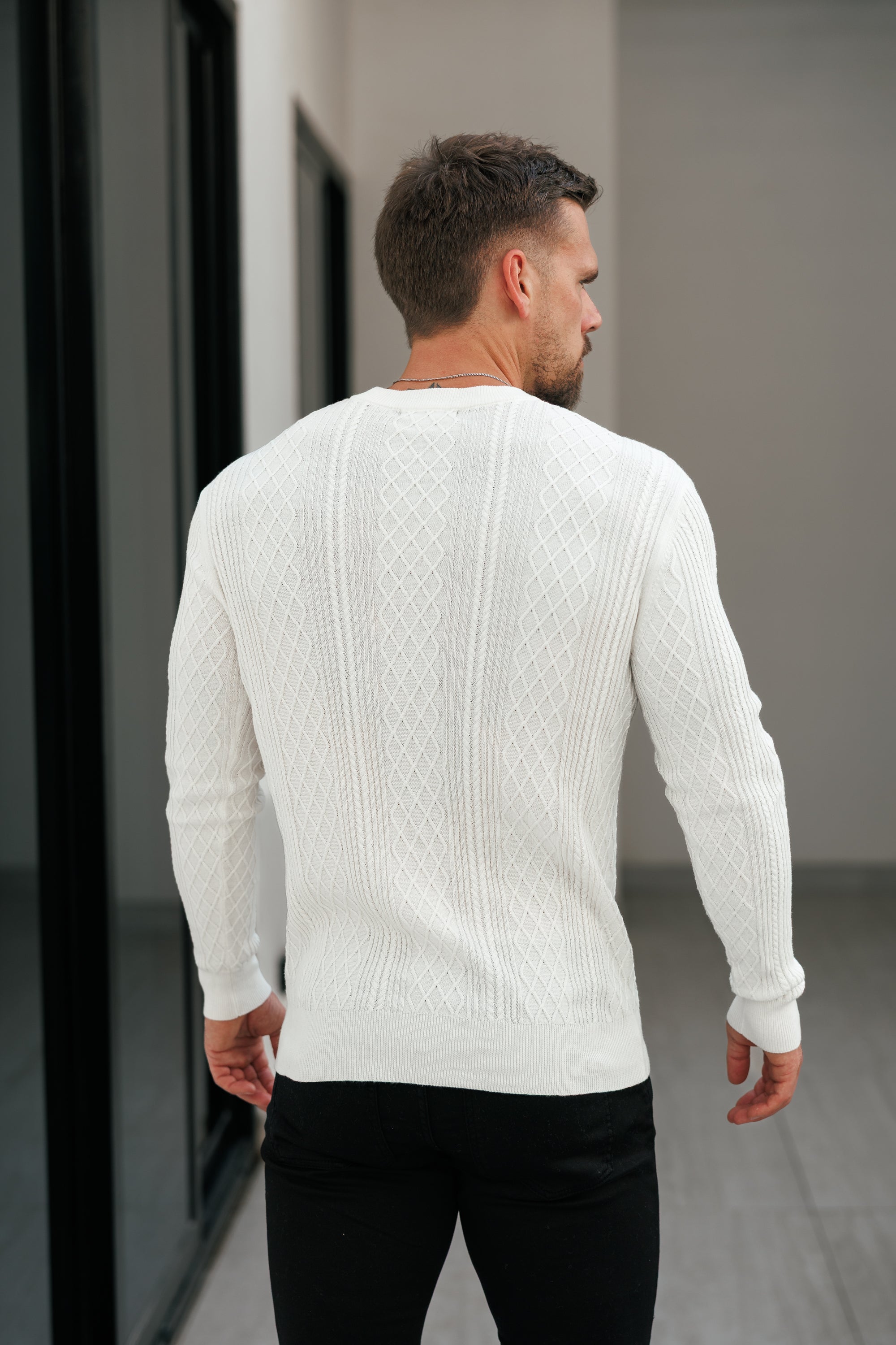 Feinstrickpullover mit Rautenmuster, cremeweiß, langärmlig - FSA005