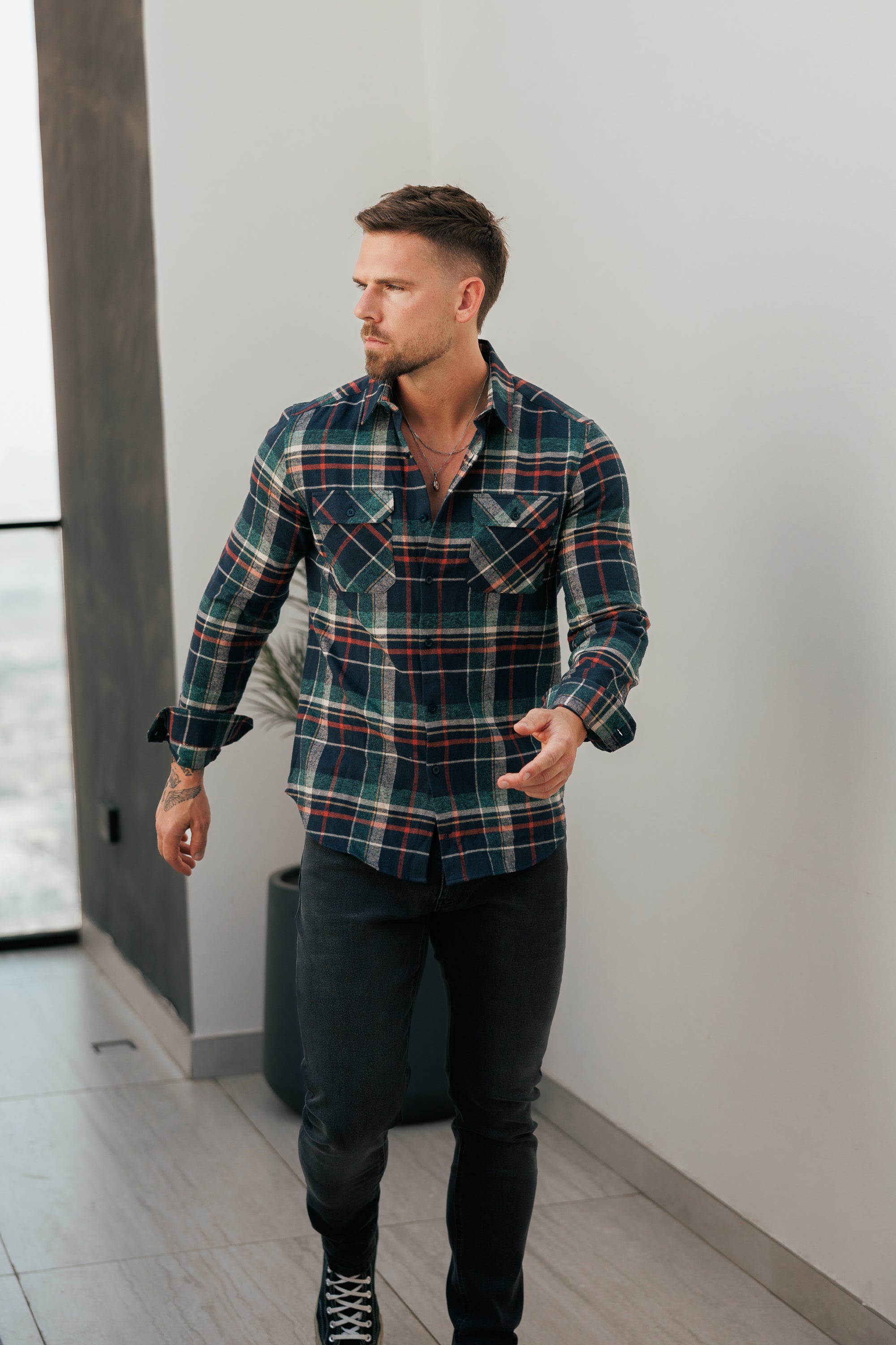 Marineblau/Grün/Rost karierte Hemdjacke mit Doppeltaschen - FS1198