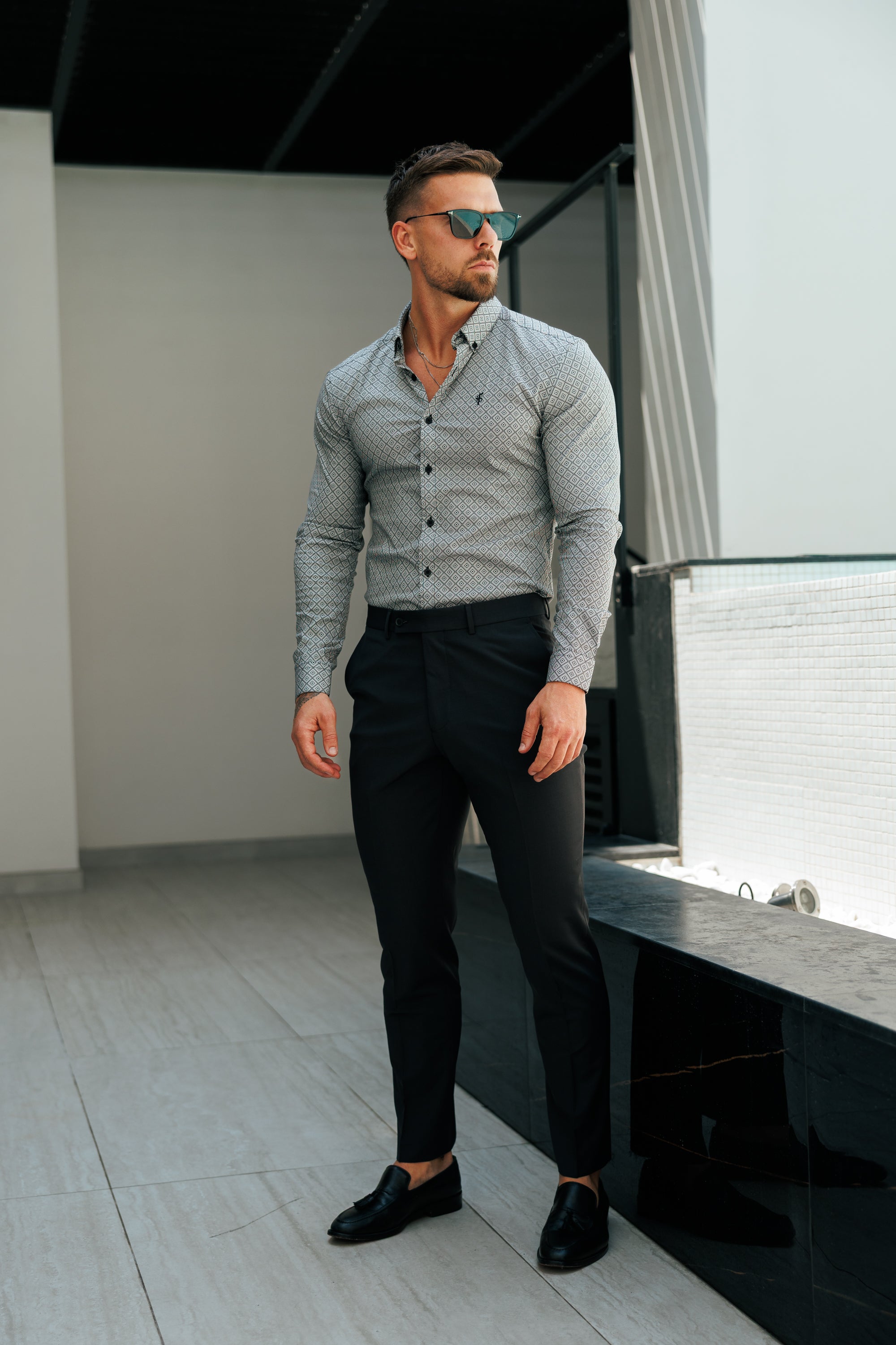 Relaxed Formal Beige Stretch Trousers - Plain Fabric