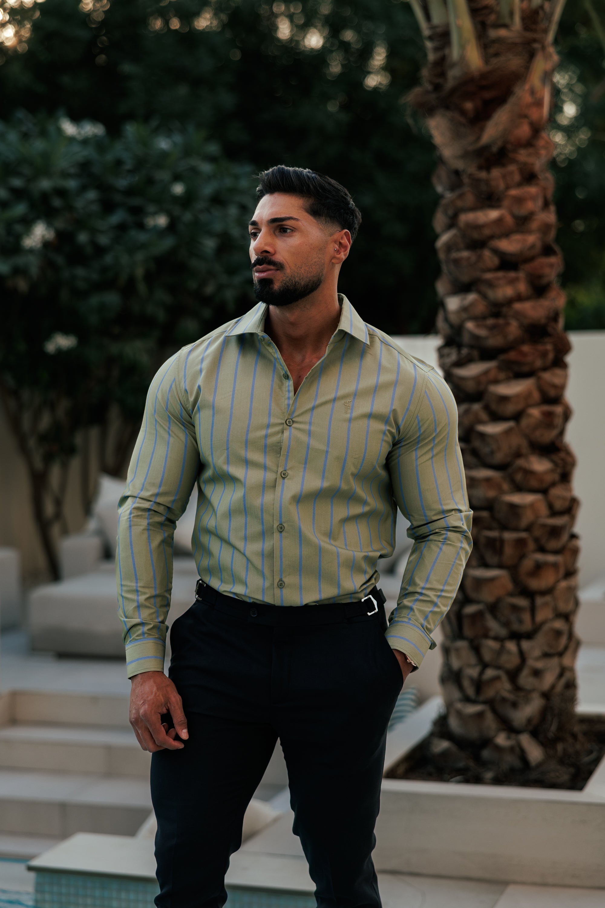 Klassisches grün/blau gestreiftes Langarmshirt mit Cutaway-Kragen - FS1179
