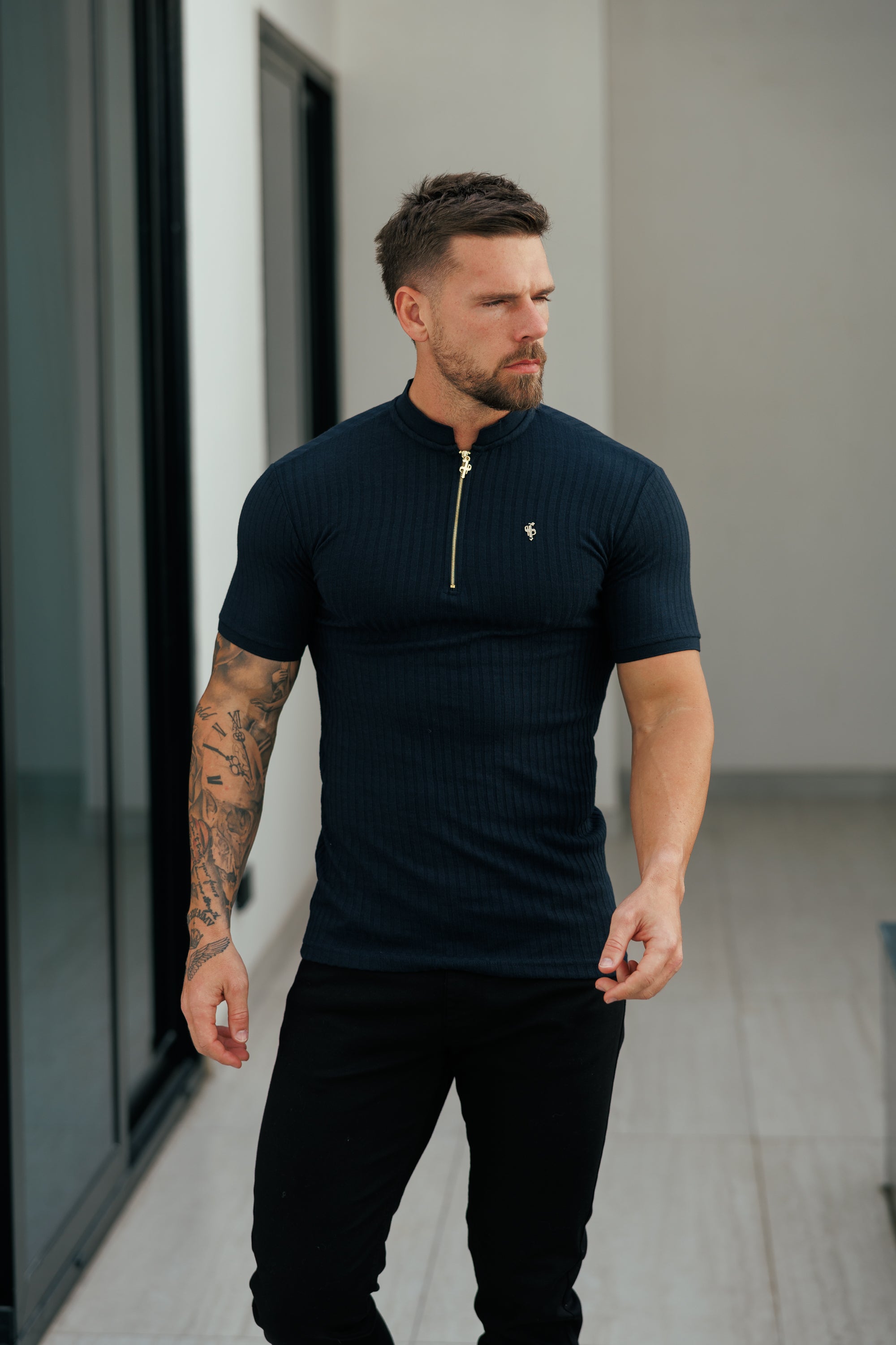 Classic Navy Ribbed Zip Grandad Collar Shirt Short Sleeve - FSH773