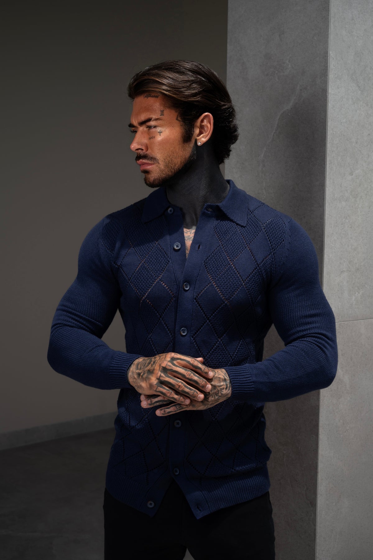 Navy Diamond Perforated Shirt Long Sleeve - FSA017