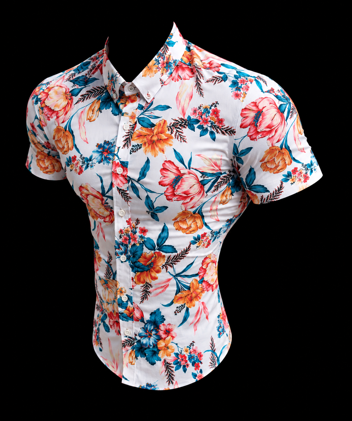 Super-Slim-Fit-Stretchhemd in Weiß mit leuchtendem Blumenmuster, kurzen Ärmeln und Button-down-Kragen – FS1271