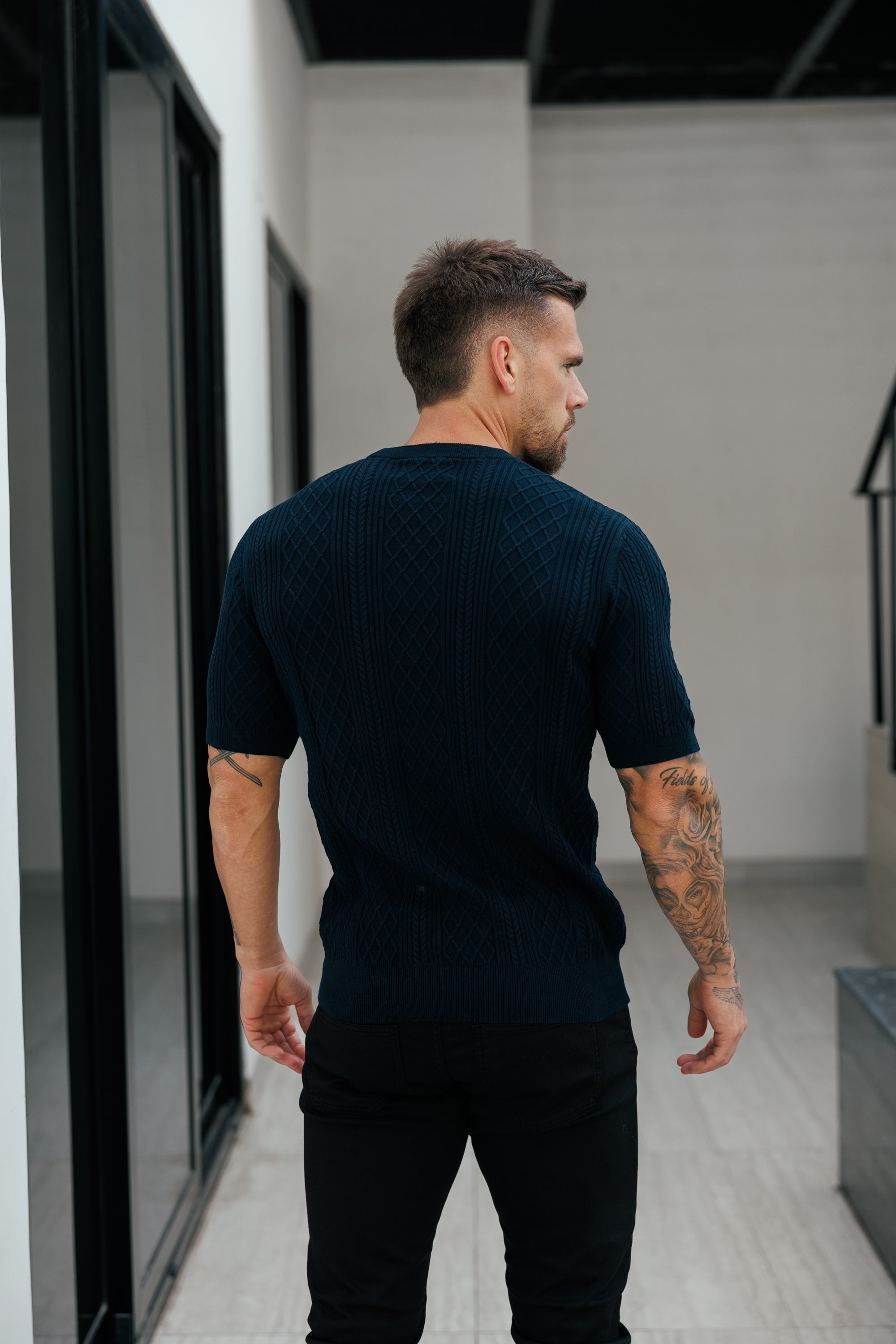 Fine Knit Diamond Navy Jumper Short Sleeve - FSA011