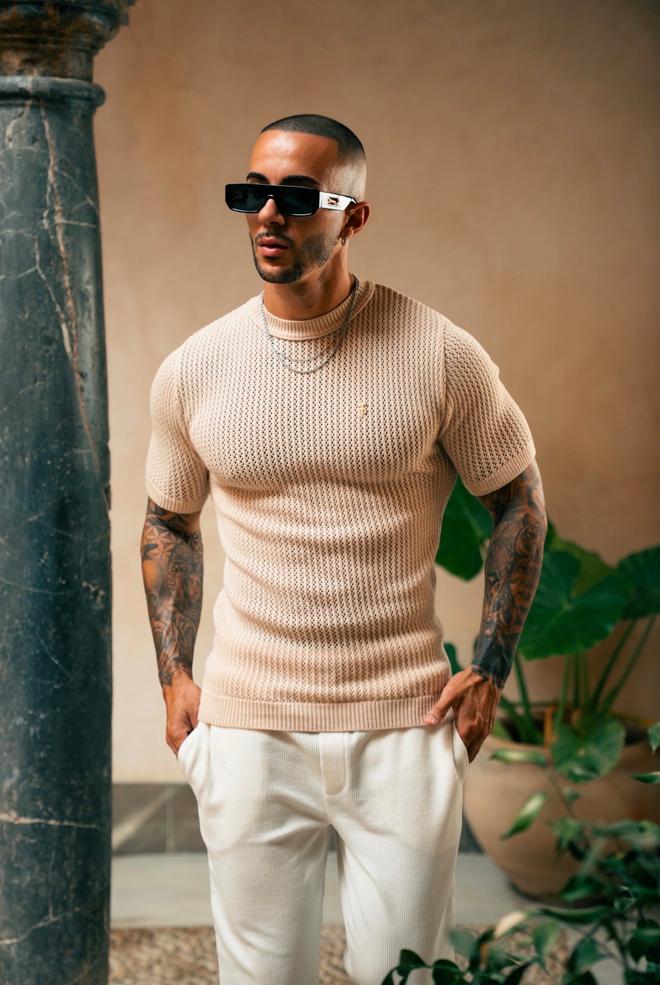Beiges Viskose schlicht gestricktes Kurzarm-T-Shirt - FSJ186 (VORBESTELLUNG 12. AUGUST)