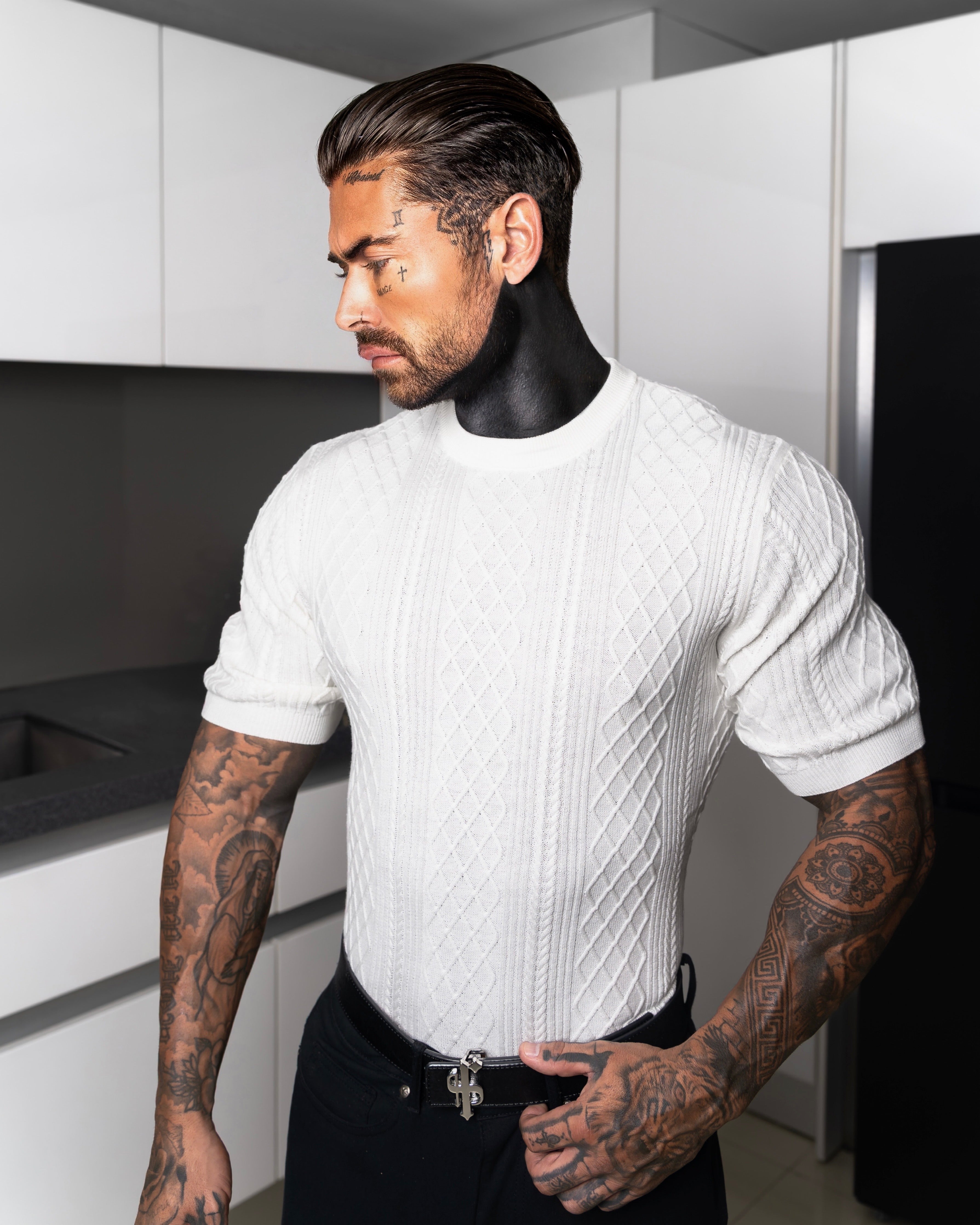 Feinstrickpullover mit Rautenmuster, cremeweiß, Kurzarm - FSA009