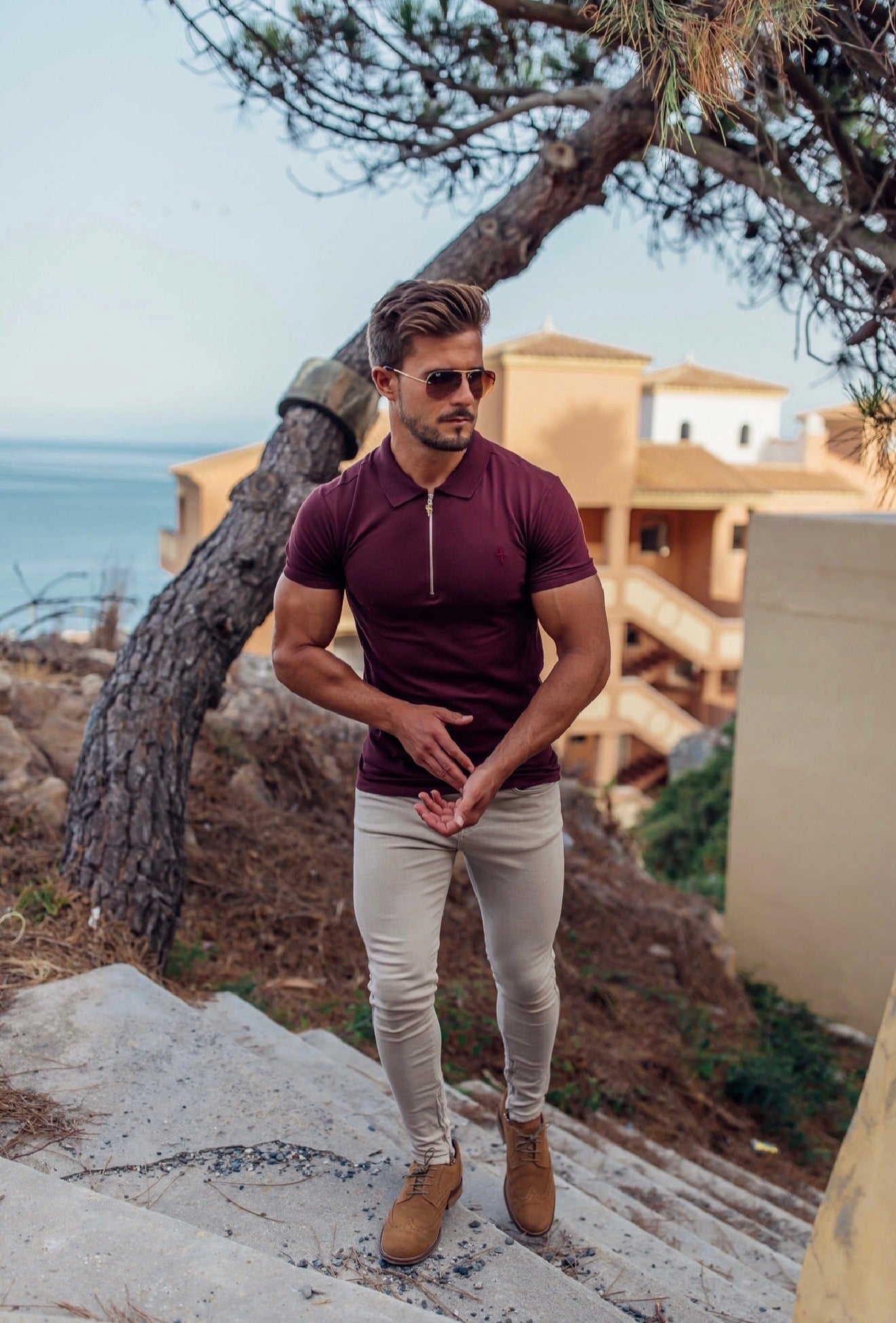 Klassisches Polo-Shirt in Burgunderrot und Silber mit Reißverschluss - FSH1567 (VORBESTELLUNG 13. AUGUST)