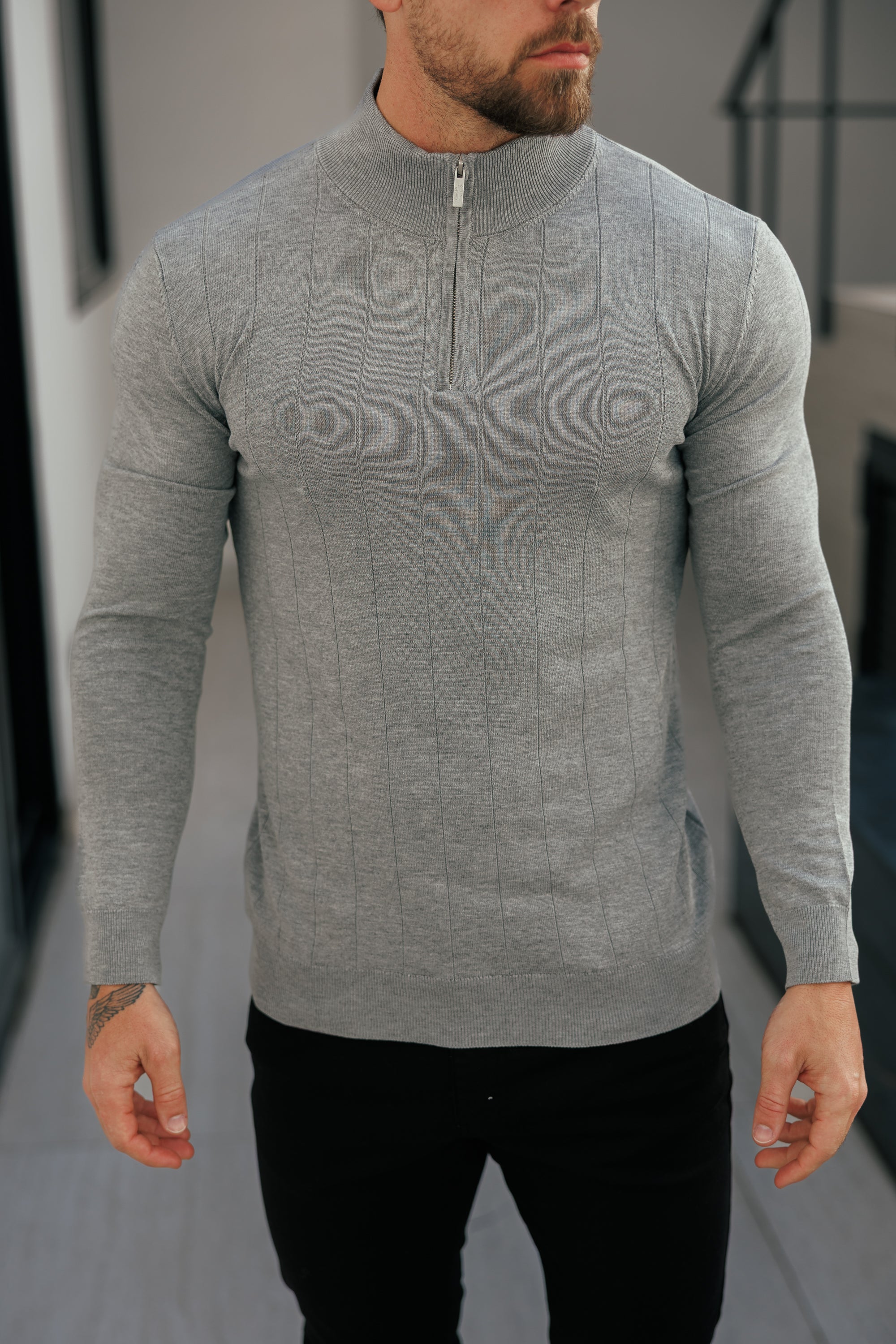 Self Stripe 1/4 Zip Funnel Neck Knit Jumper Light Charcoal Long Sleeve  -  FSR053