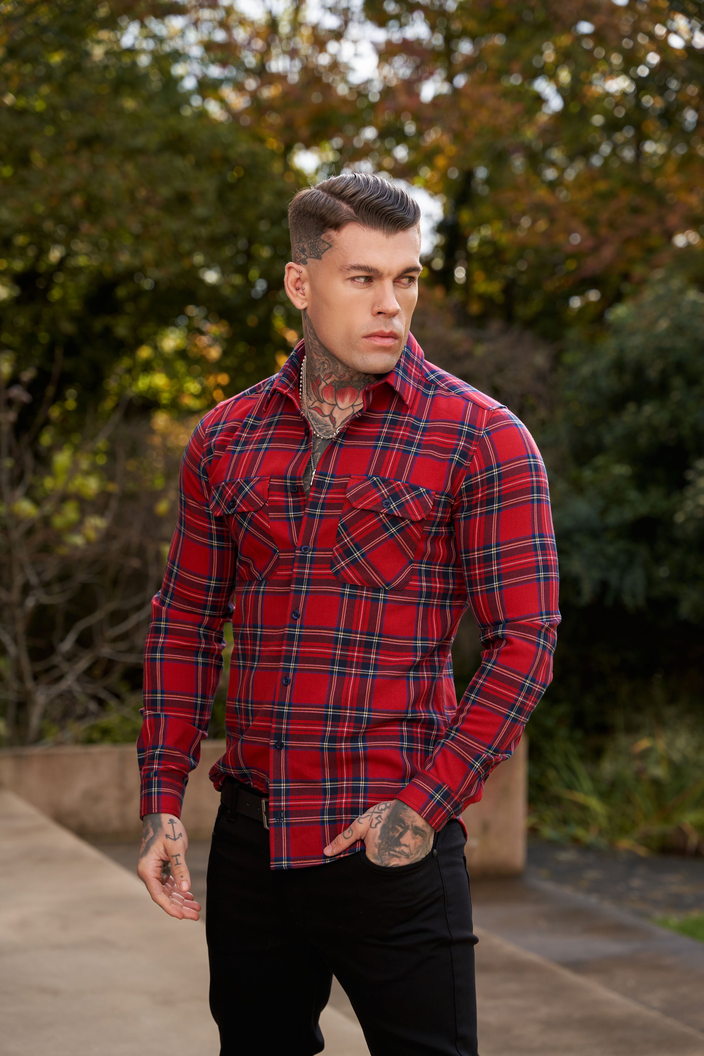 Rot-karierte Hemdjacke mit doppelten Taschen - FS1036