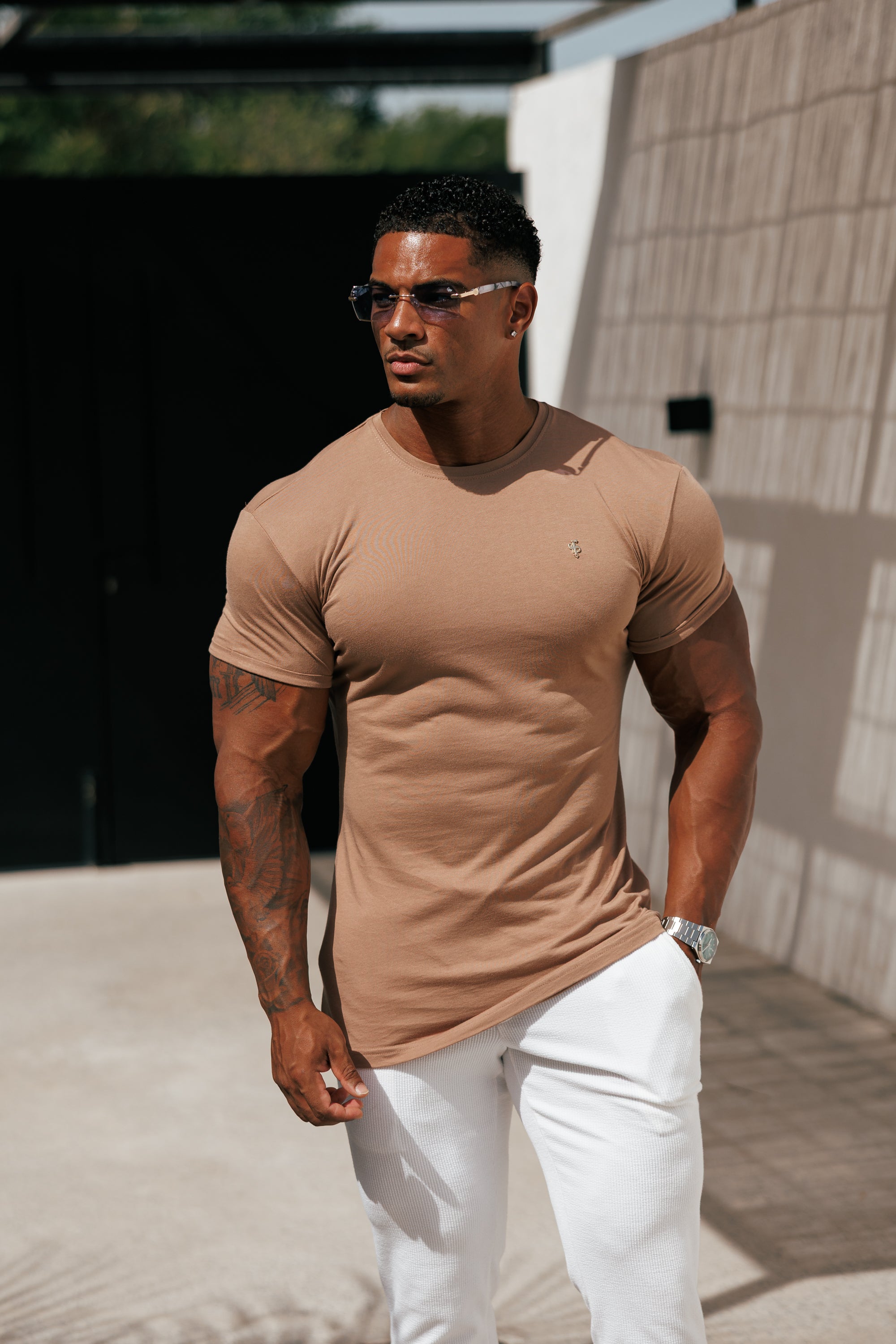 Coffee / Gold Bamboo Crew T Shirt - FSH1217