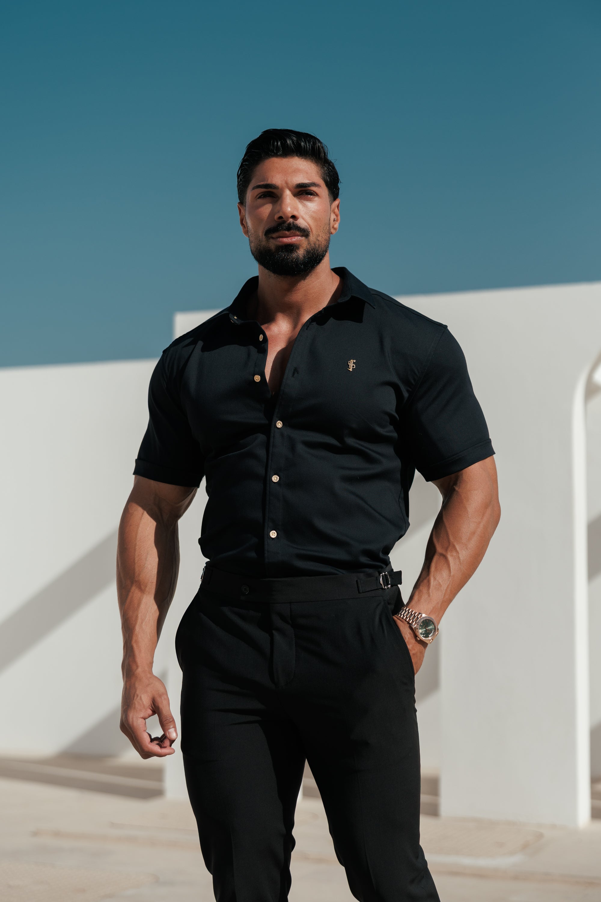 Super Slim Stretch Black Denim Short Sleeve with Gold Metal Decal and Buttons - FS1237