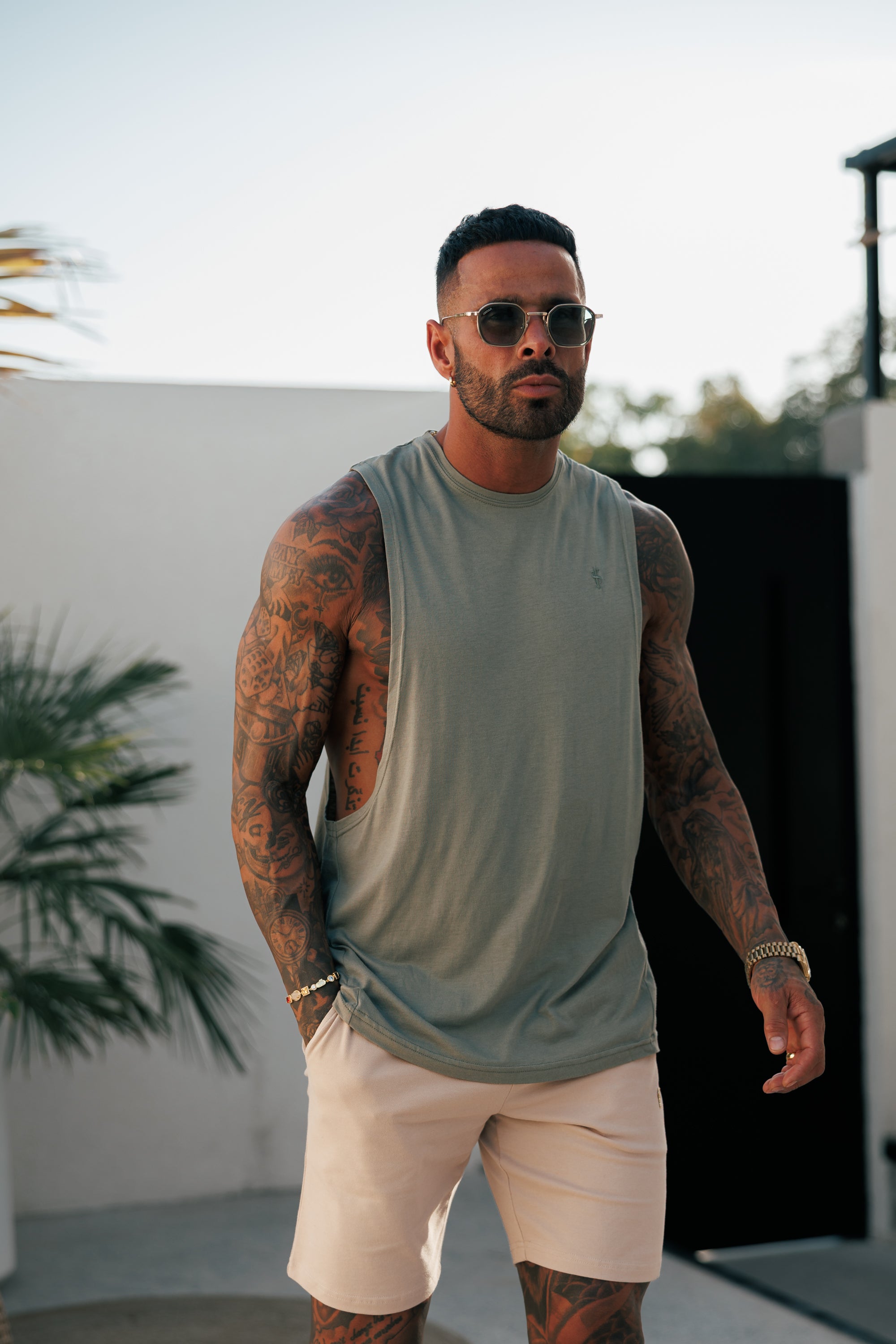 Classic Bamboo Dropped Armhole Olive Vest - FSH1341