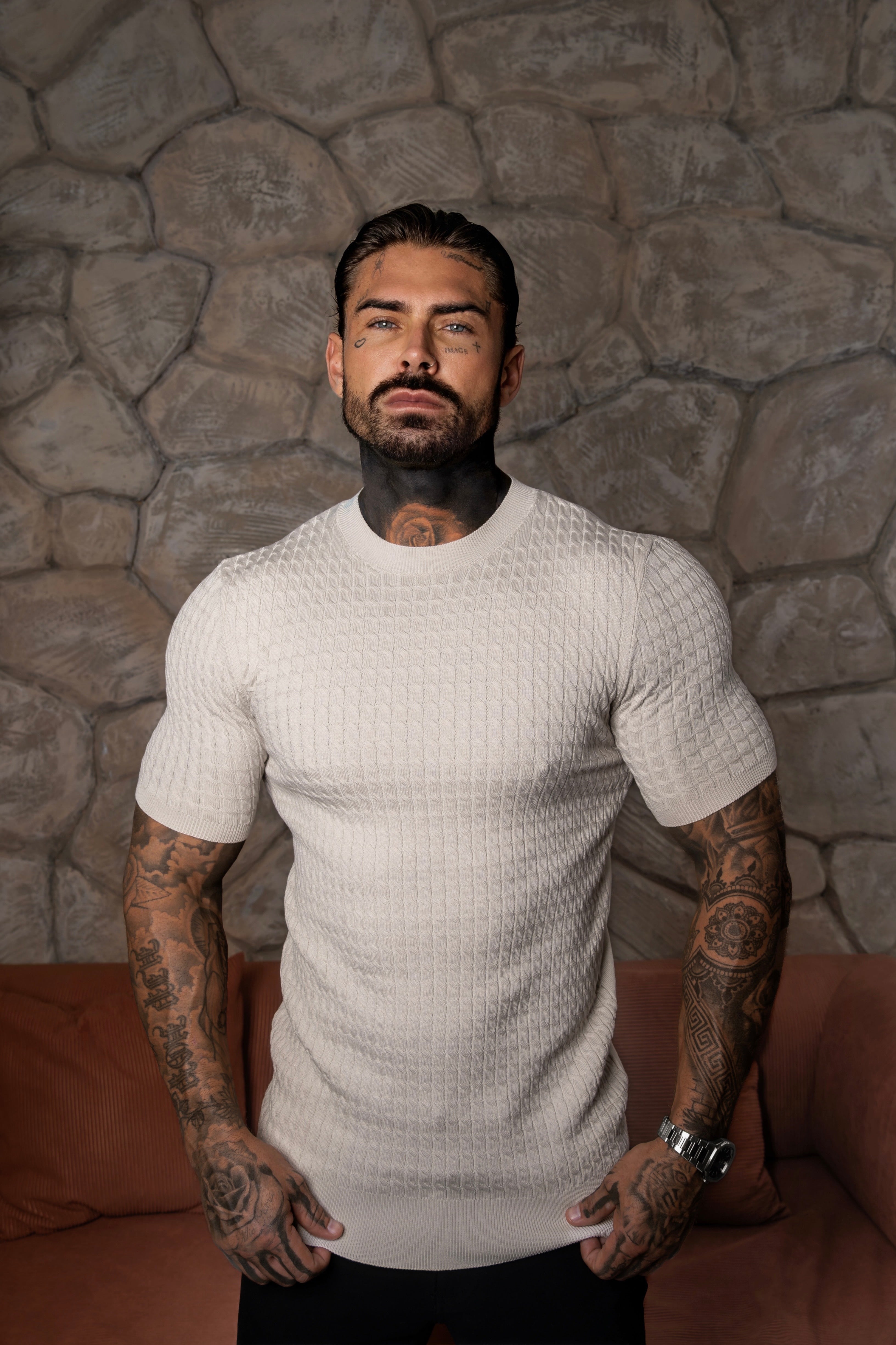 Front Chain Knit Crew Tshirt Cream Short Sleeve  -  FSR057
