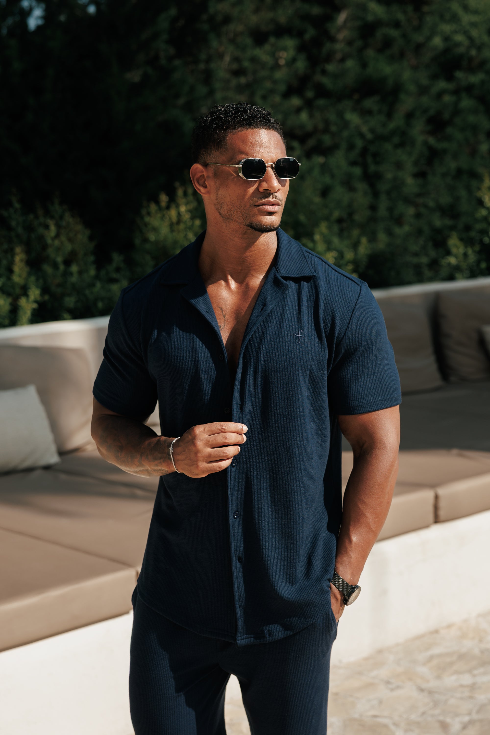 Jersey Cord Stretch Navy Revere Hemd Kurzarm - FSR071 (VORBESTELLUNG 18. JULI)