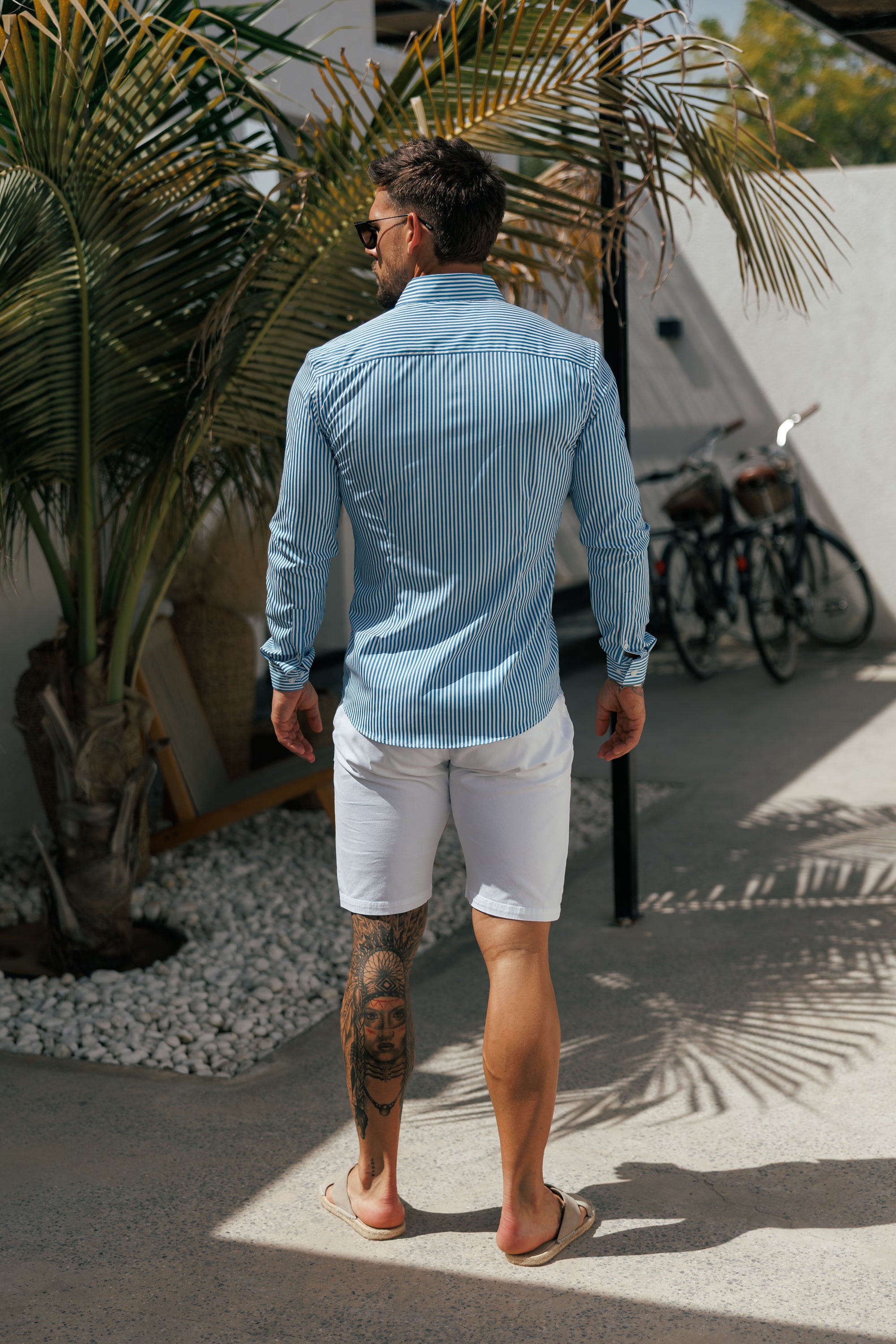 Super Slim Stretch Sateen Touch Weiß / Blau gestreift Langarm - FS1261 (VORBESTELLUNG 28. AUGUST)