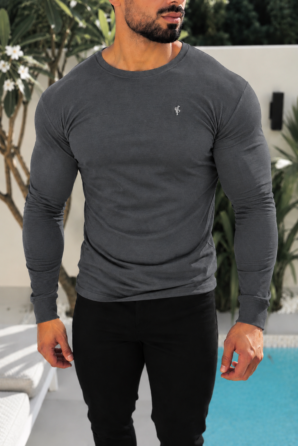 Charcoal / Silber Bambus Crewneck Langarm-T-Shirt - FSH1687 (VORBESTELLUNG 30. OKTOBER)