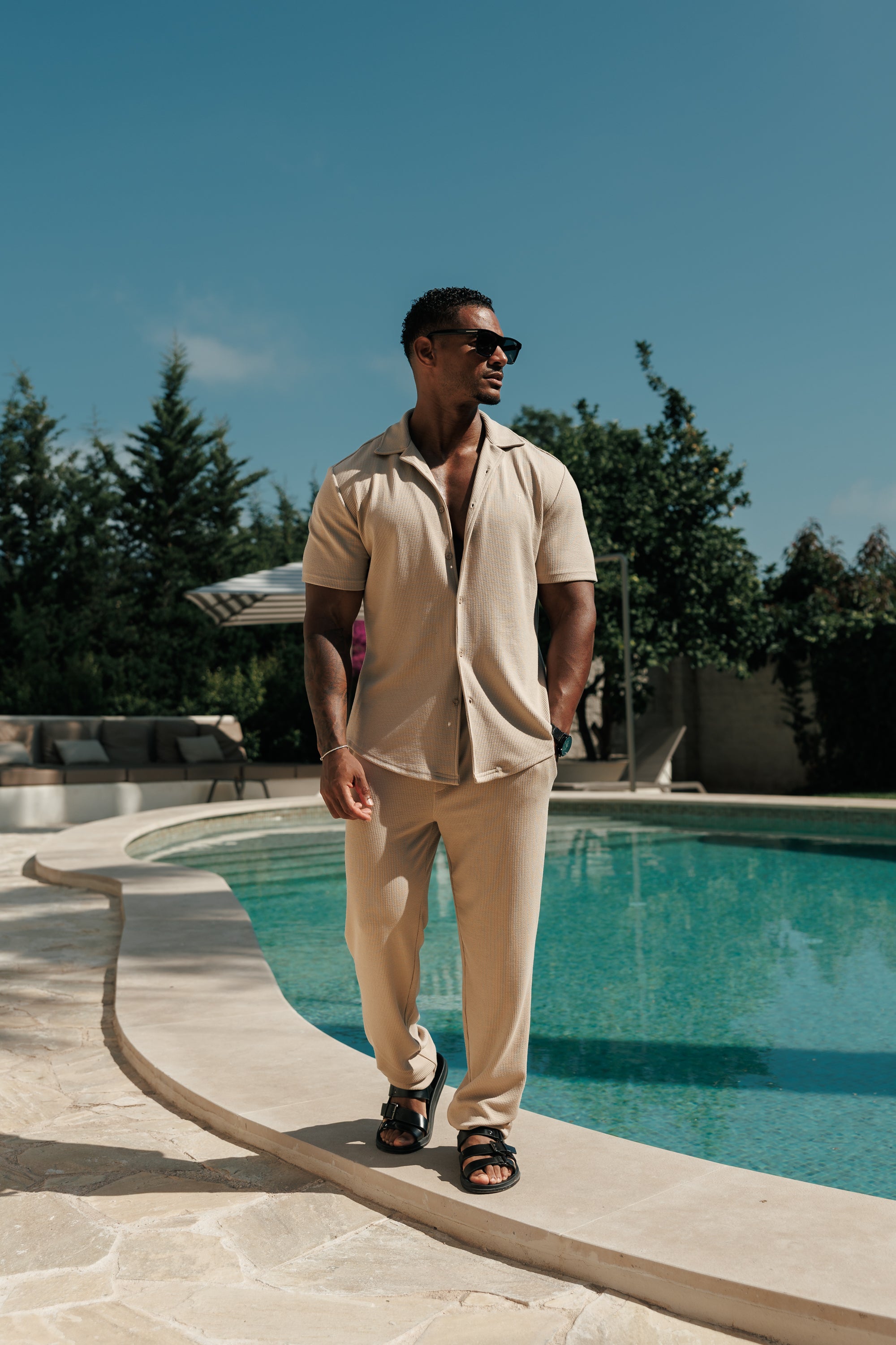 Jersey-Kord-Stretch-Hemd Beige Revers Kragen Kurzarm - FSR073