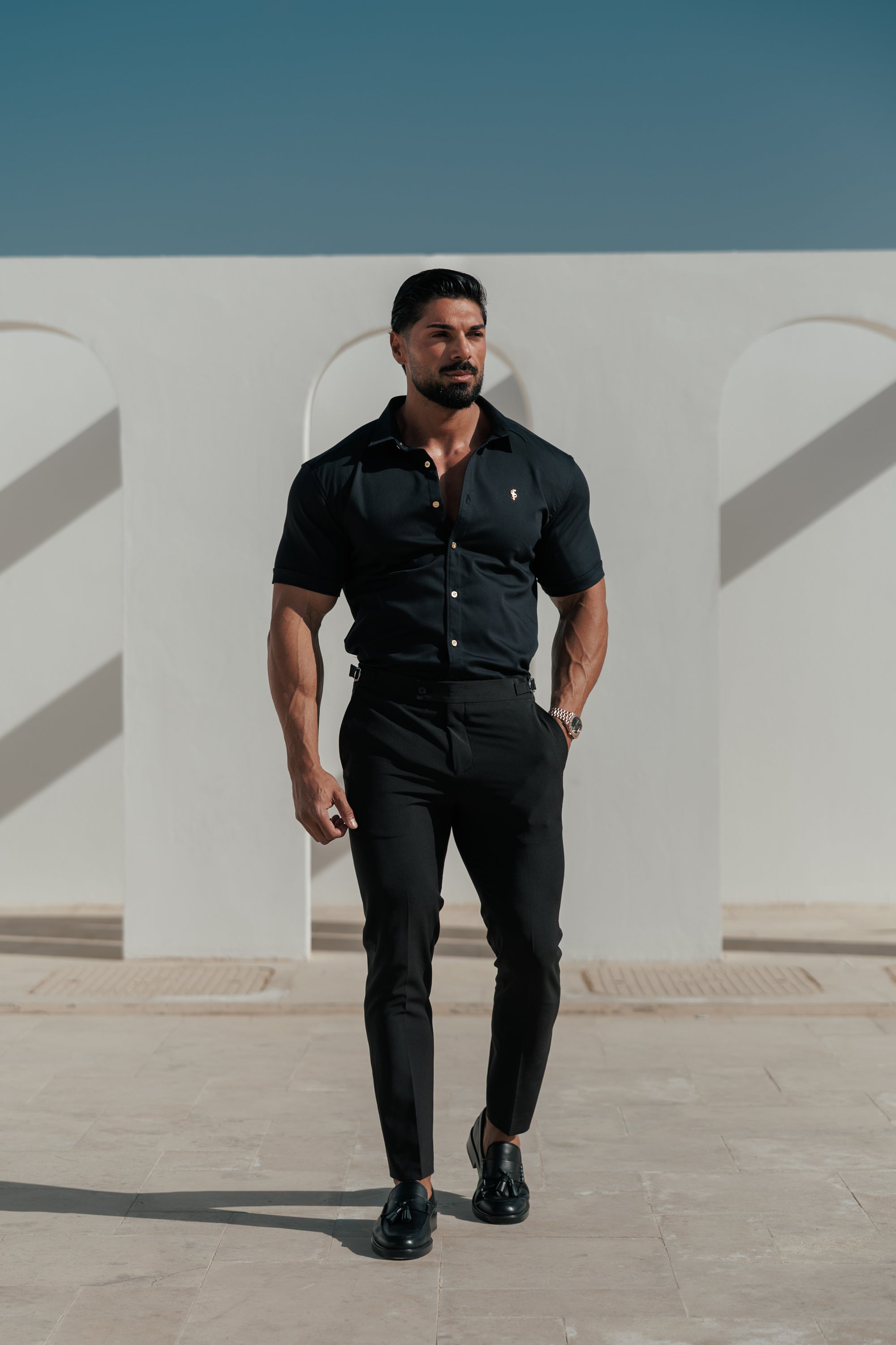 Super Slim Stretch Black Denim Short Sleeve with Gold Metal Decal and Buttons - FS1237