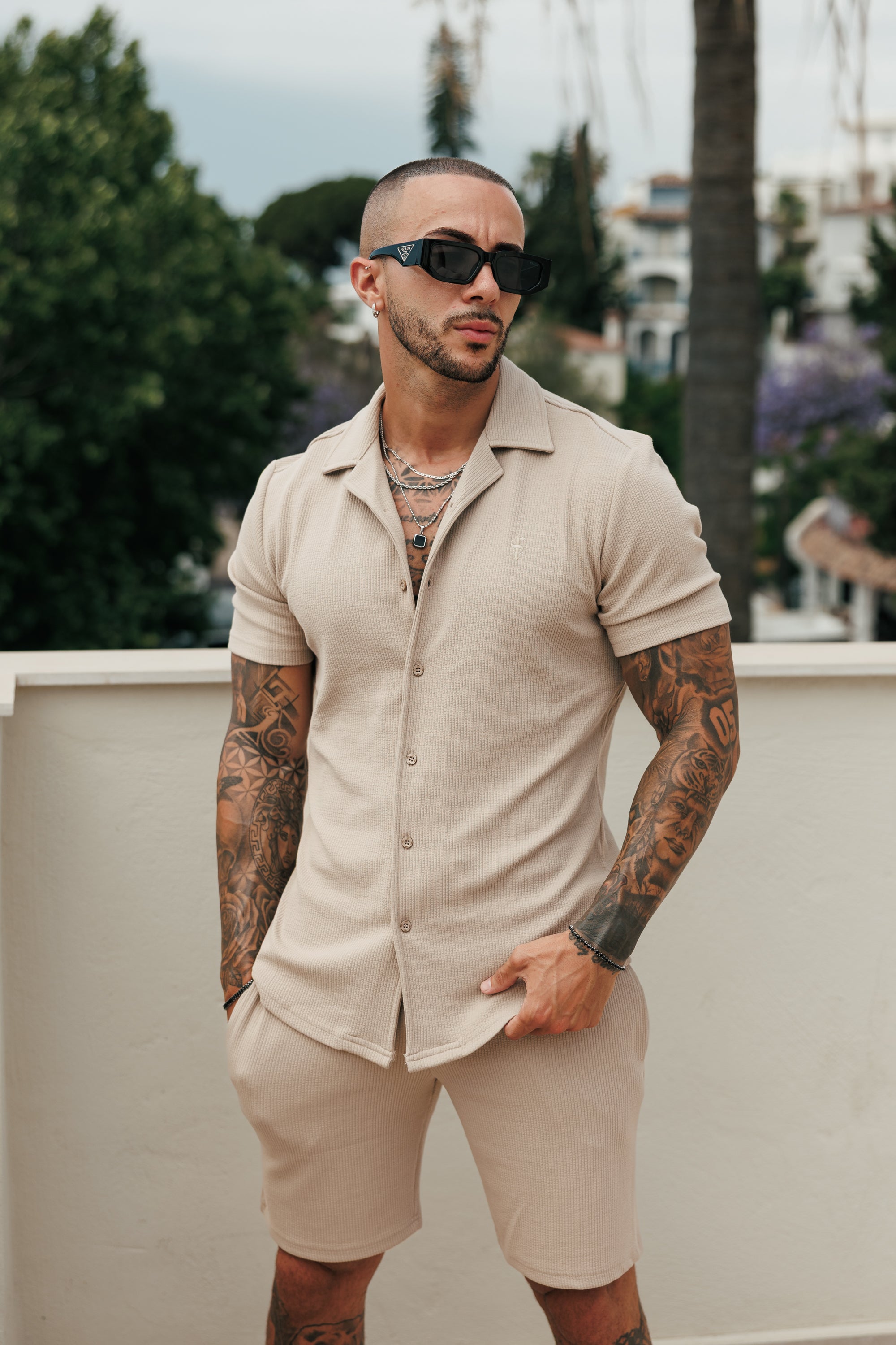 Jersey-Kord-Stretch-Hemd Beige Revers Kragen Kurzarm - FSR073