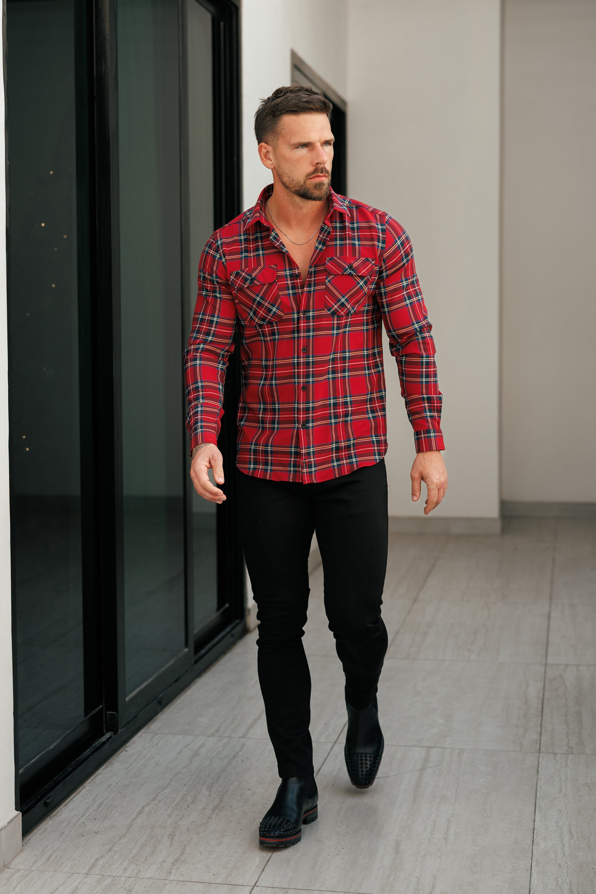Rot-karierte Hemdjacke mit doppelten Taschen - FS1036