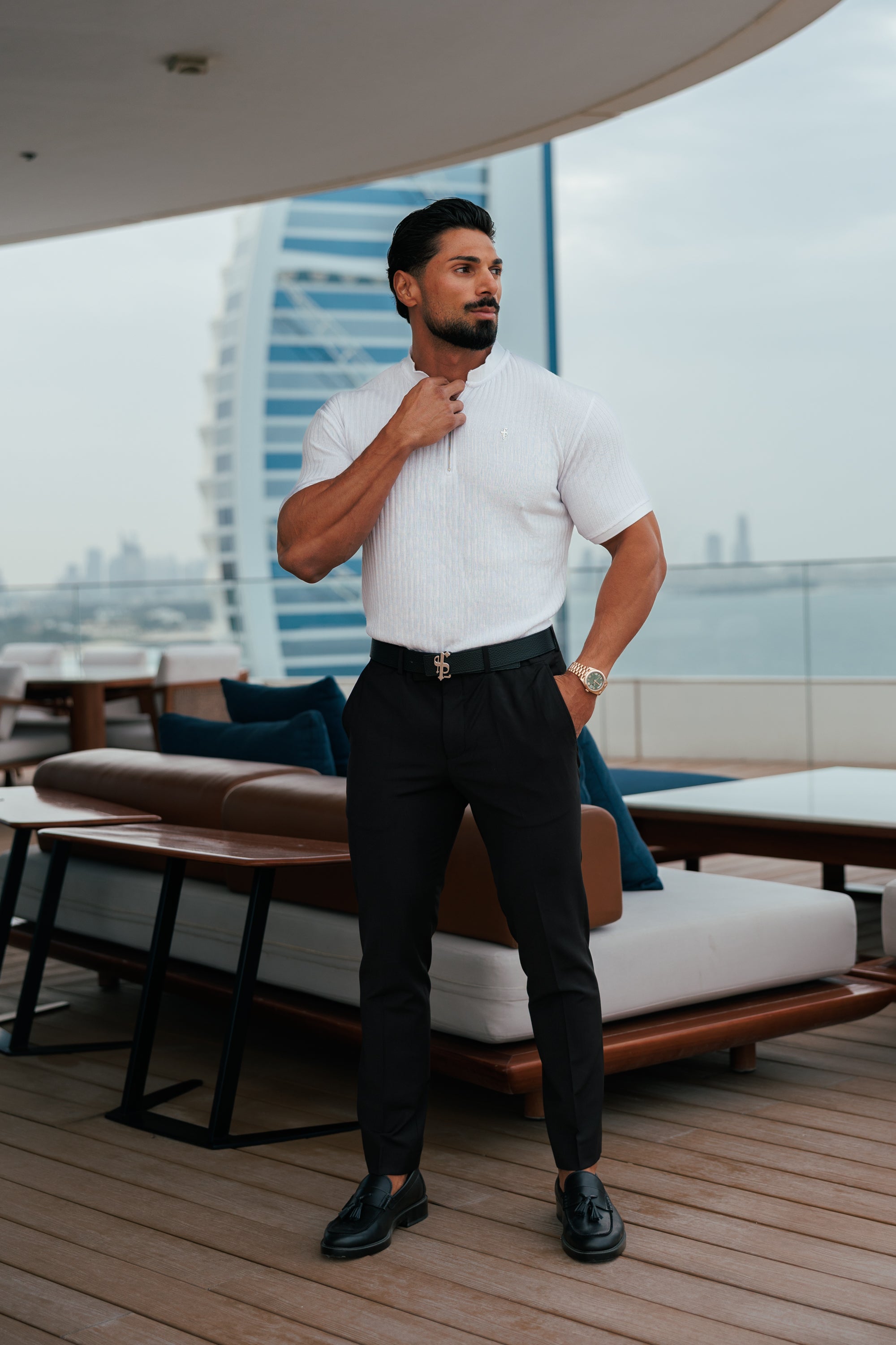 Classic White / Silver  Ribbed Zip Grandad Collar Shirt Short Sleeve - FSH1447