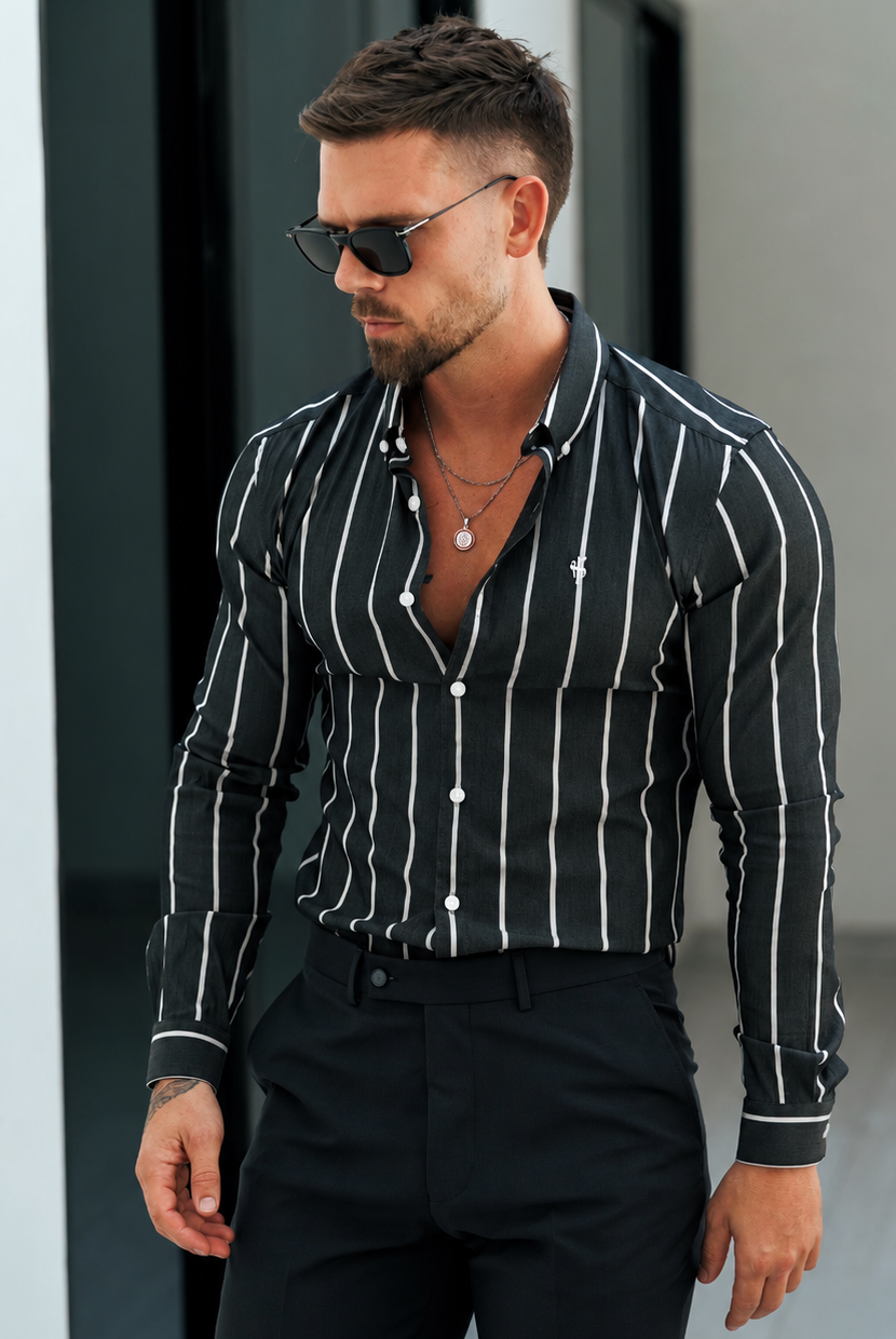 Super Slim Stretch Langarmshirt mit breiten Streifen in Anthrazit/Weiß und Button-Down-Kragen - FS1224