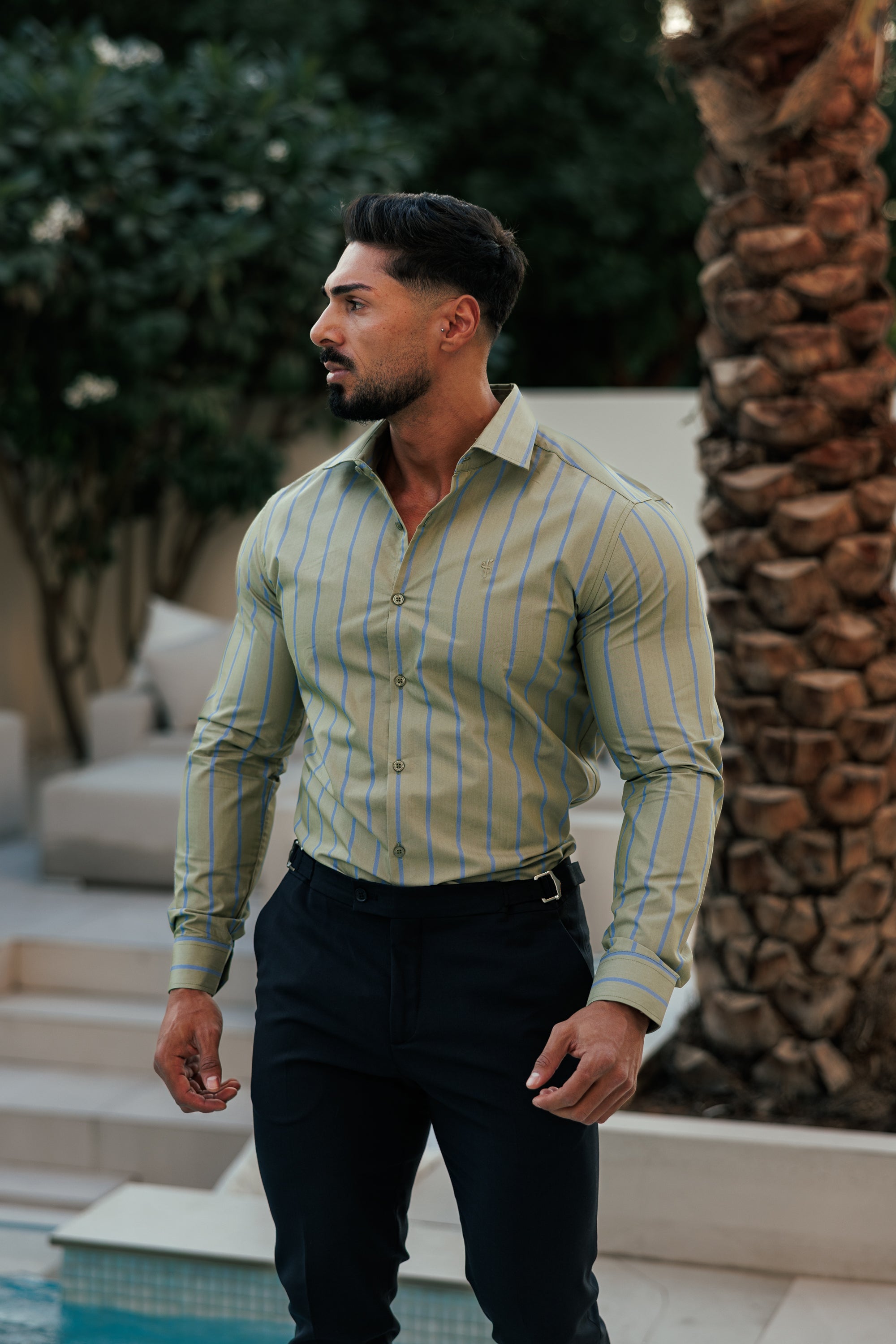 Klassisches grün/blau gestreiftes Langarmshirt mit Cutaway-Kragen - FS1179