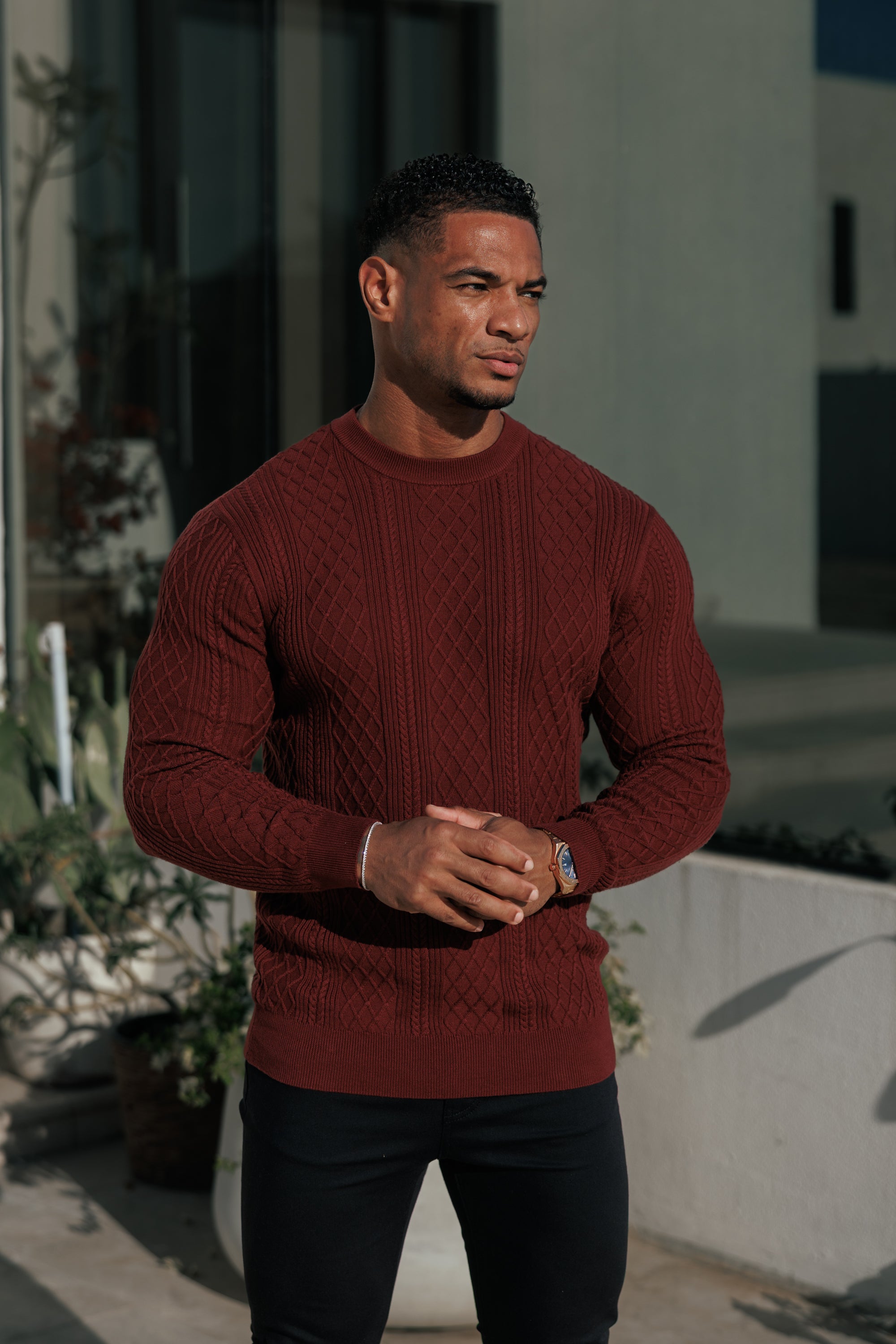 Fine Knit Diamond Burgundy Jumper Long Sleeve  -  FSA008
