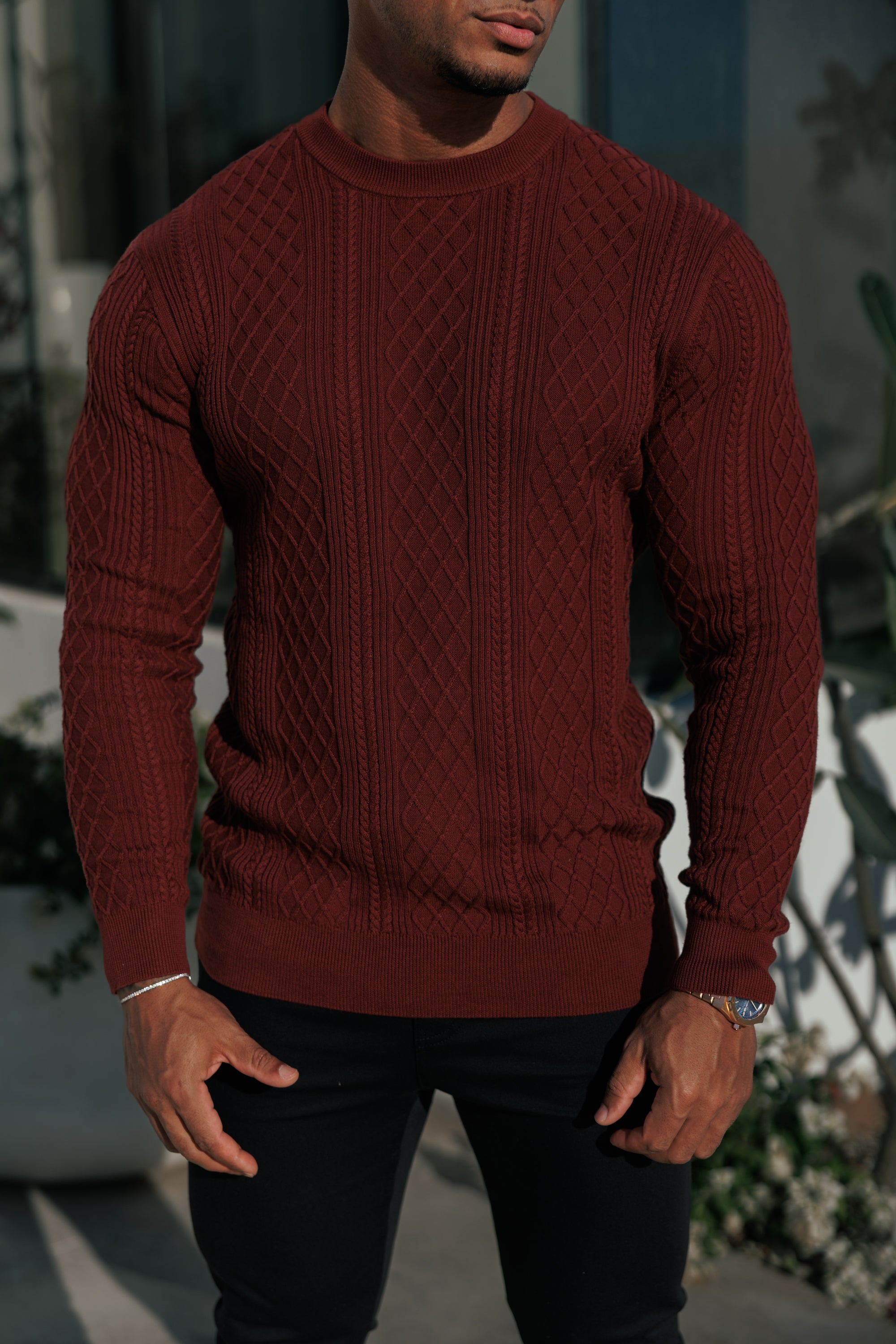 Feinstrickpullover mit Rautenmuster, burgunderrot, langärmlig - FSA008