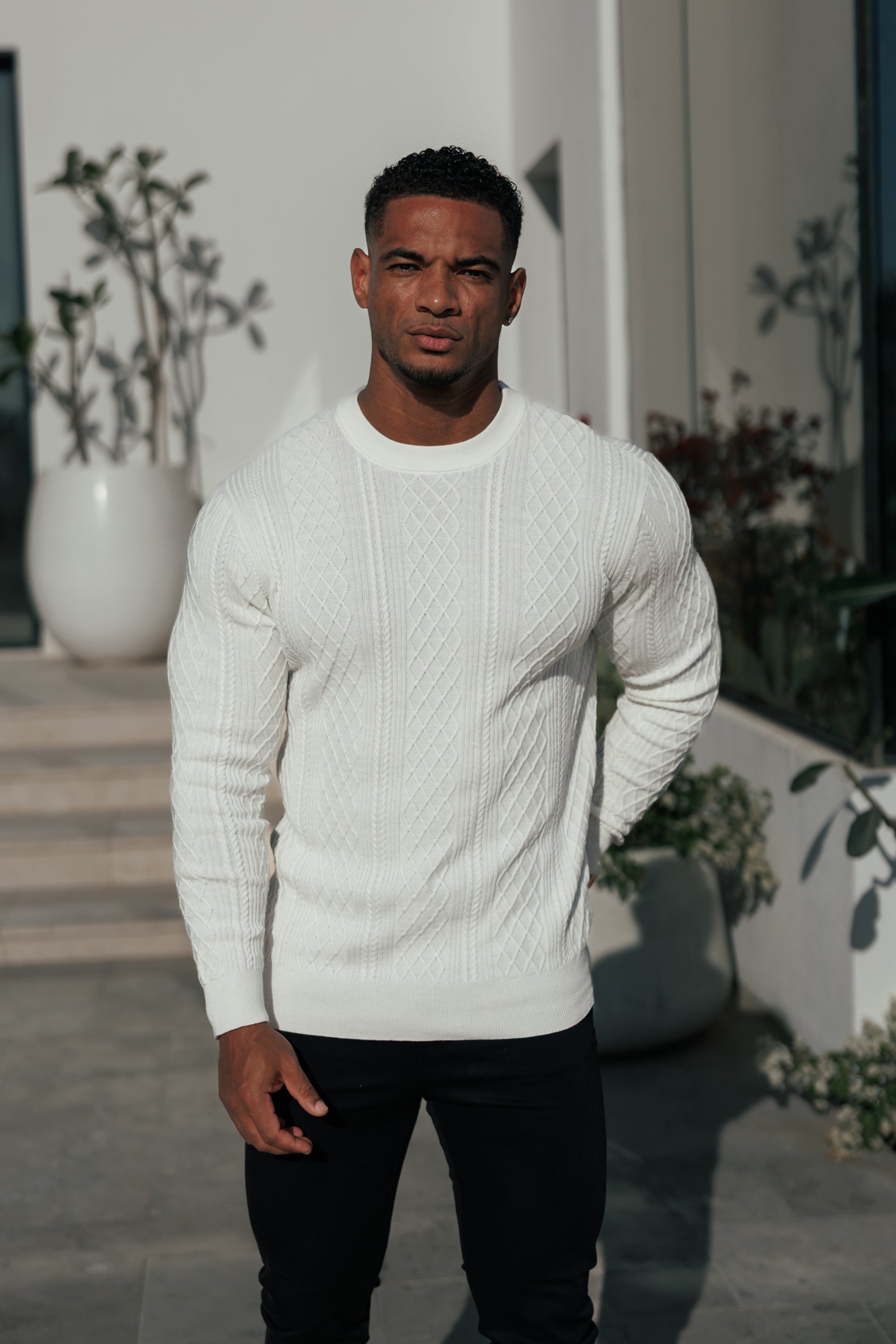 Feinstrickpullover mit Rautenmuster, cremeweiß, langärmlig - FSA005