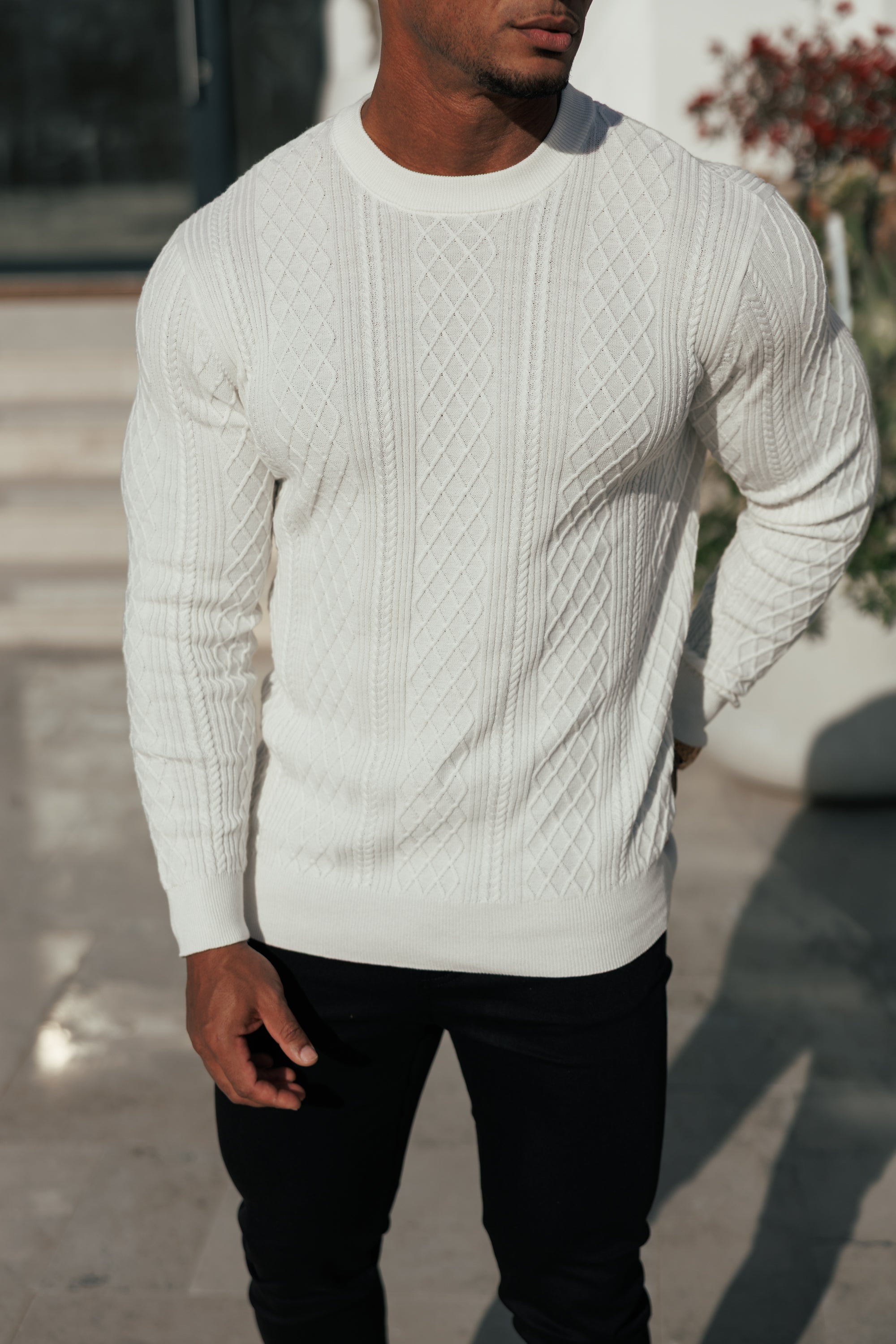 Feinstrickpullover mit Rautenmuster, cremeweiß, langärmlig - FSA005