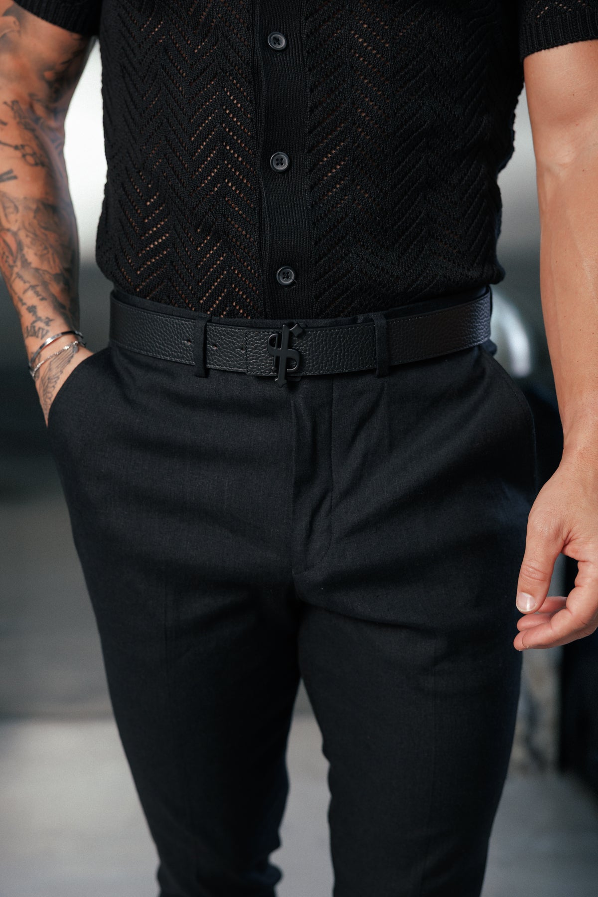 Black Chevron Perforated Shirt Short Sleeve -  FSA013