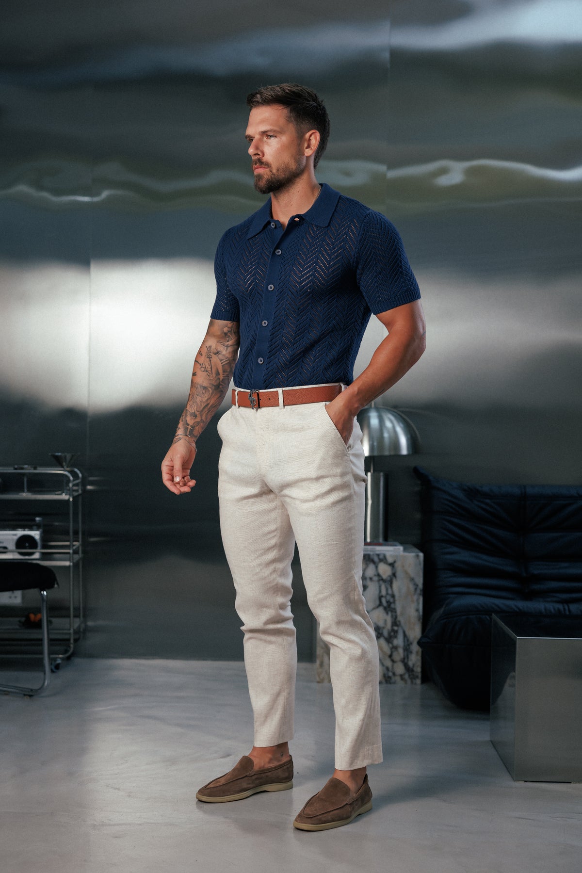 Navy Chevron Perforated Shirt Short Sleeve - FSA014