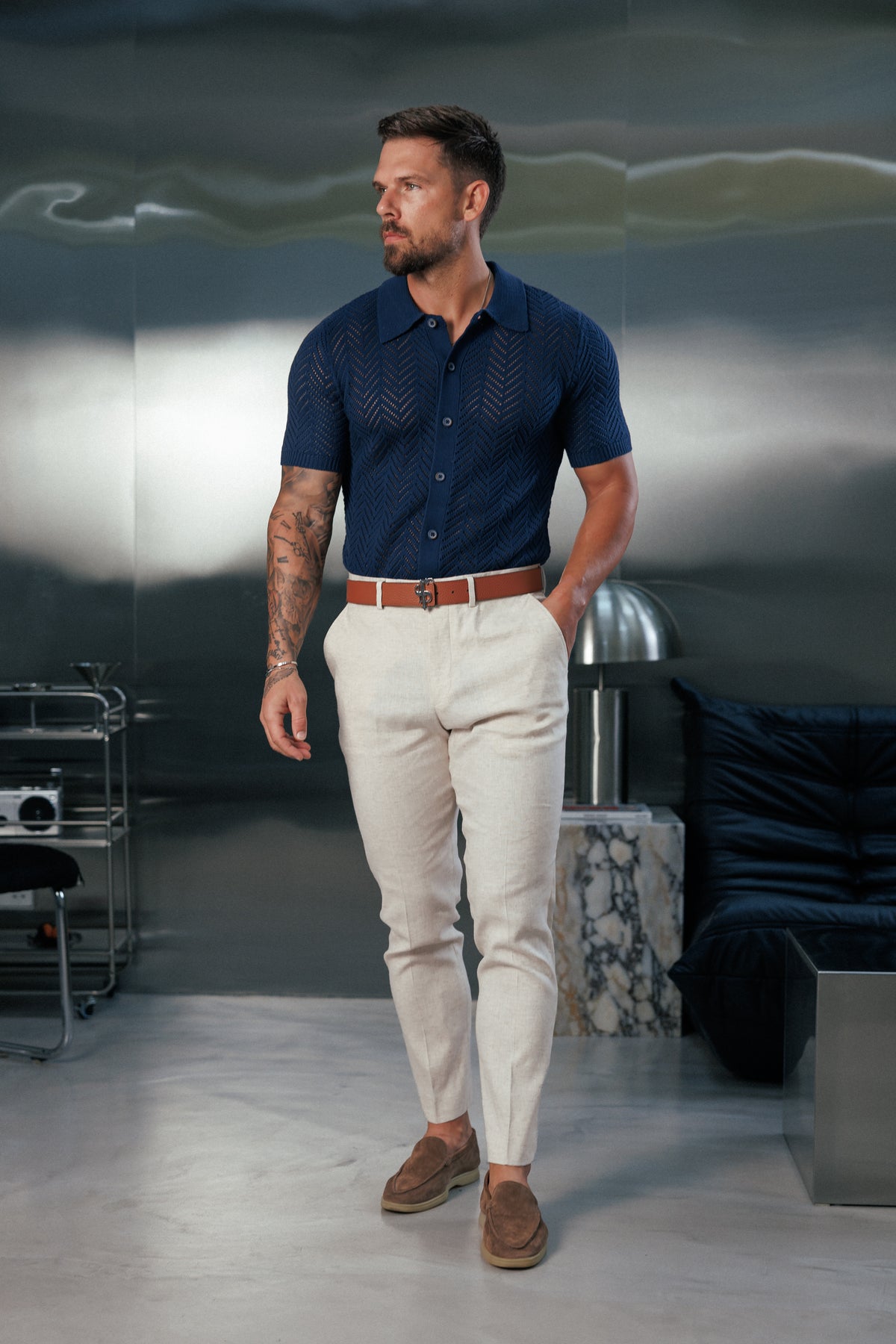Navy Chevron Perforated Shirt Short Sleeve - FSA014