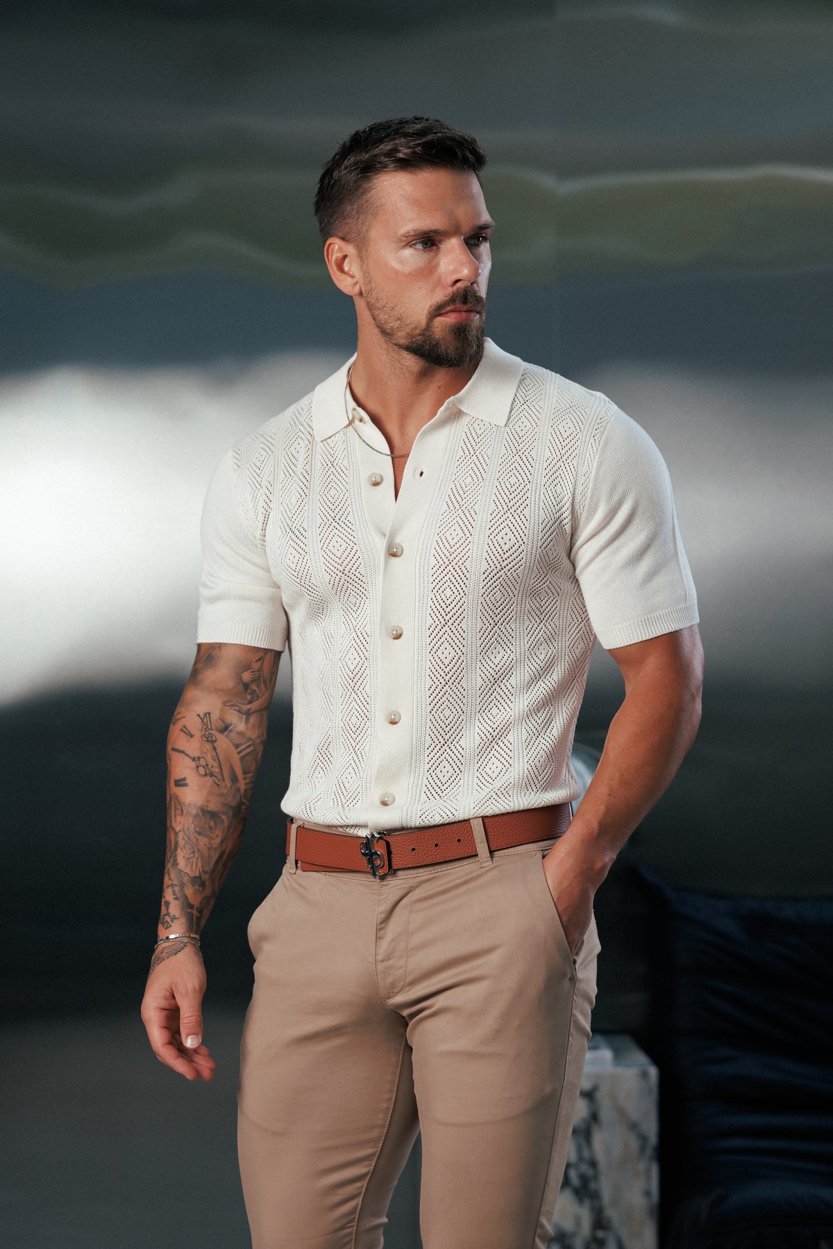 Cream Diamond Stripe Perforated Shirt Short Sleeve - FSA024