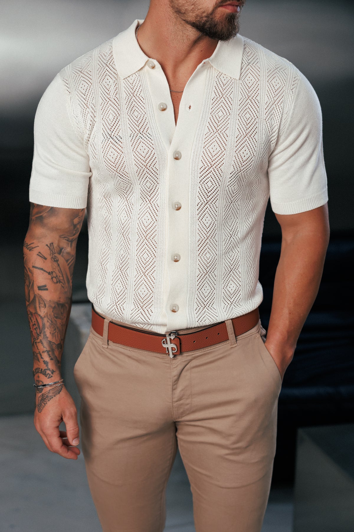 Cream Diamond Stripe Perforated Shirt Short Sleeve - FSA024