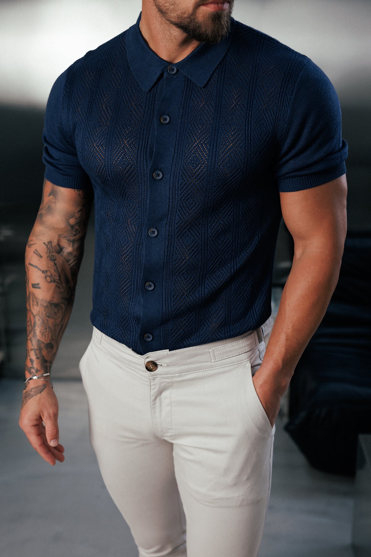 Navy Diamond Stripe Perforated Shirt Short Sleeve - FSA023