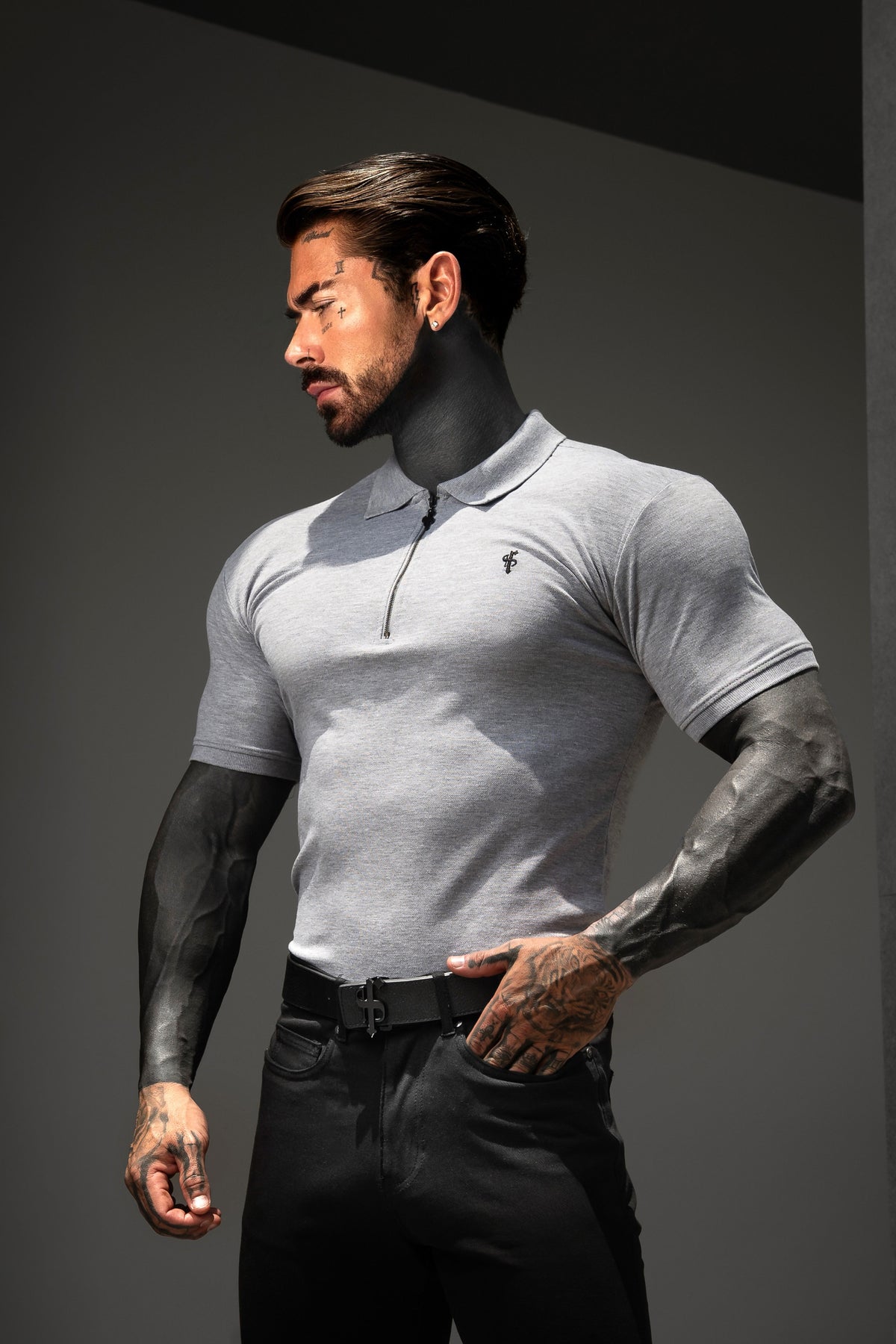 Classic Light Grey and Black Zipped Polo Shirt - FSH1534