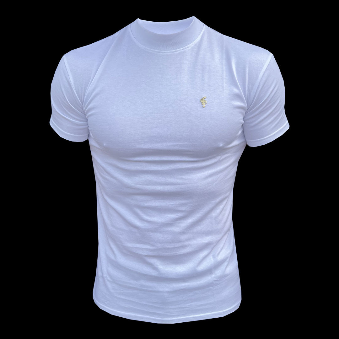 Geripptes Kurzarmshirt mit hohem Kragen, Rundhalsausschnitt, Weiß/Gold - FSH1006