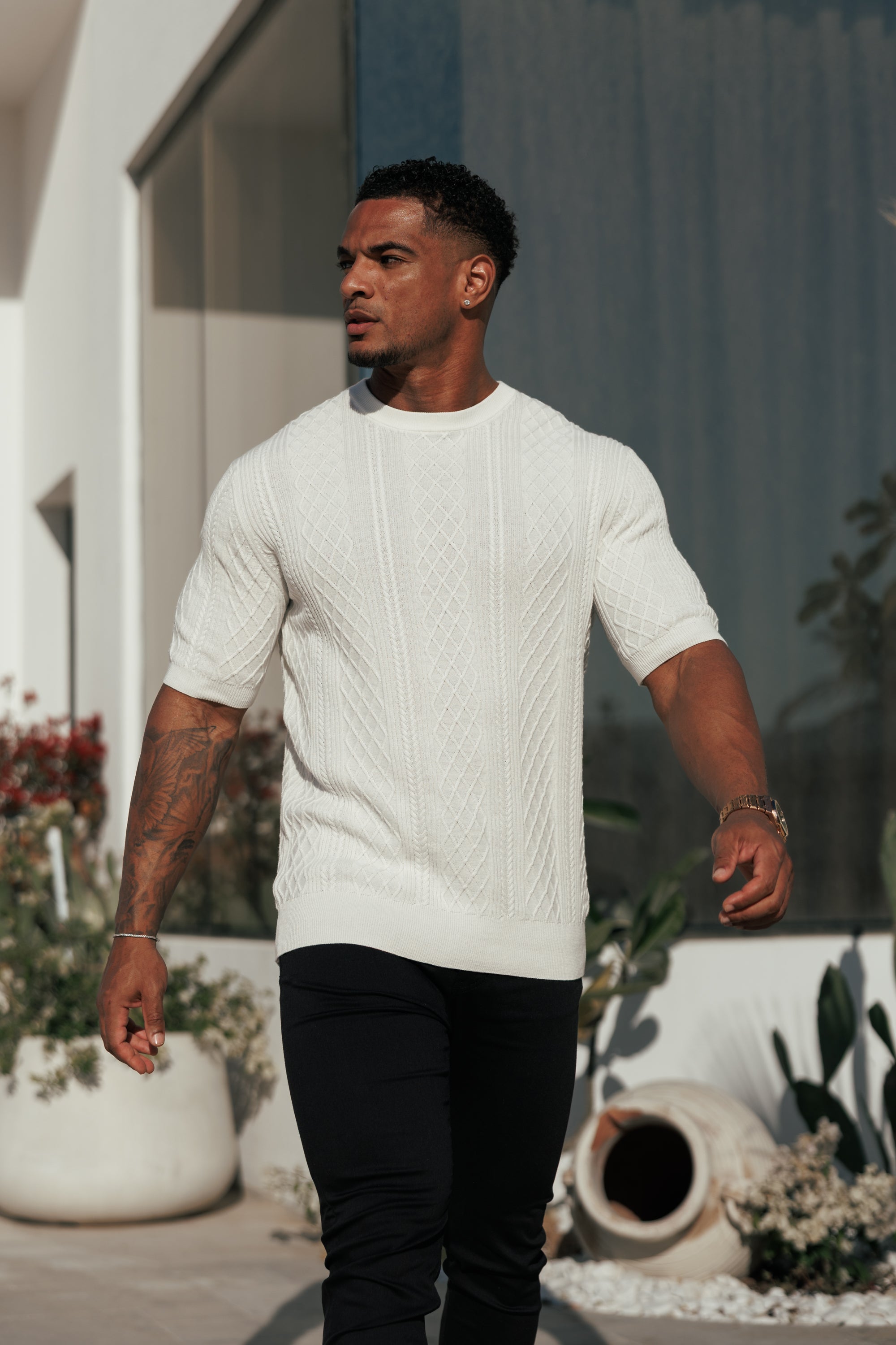 Feinstrickpullover mit Rautenmuster, cremeweiß, Kurzarm - FSA009