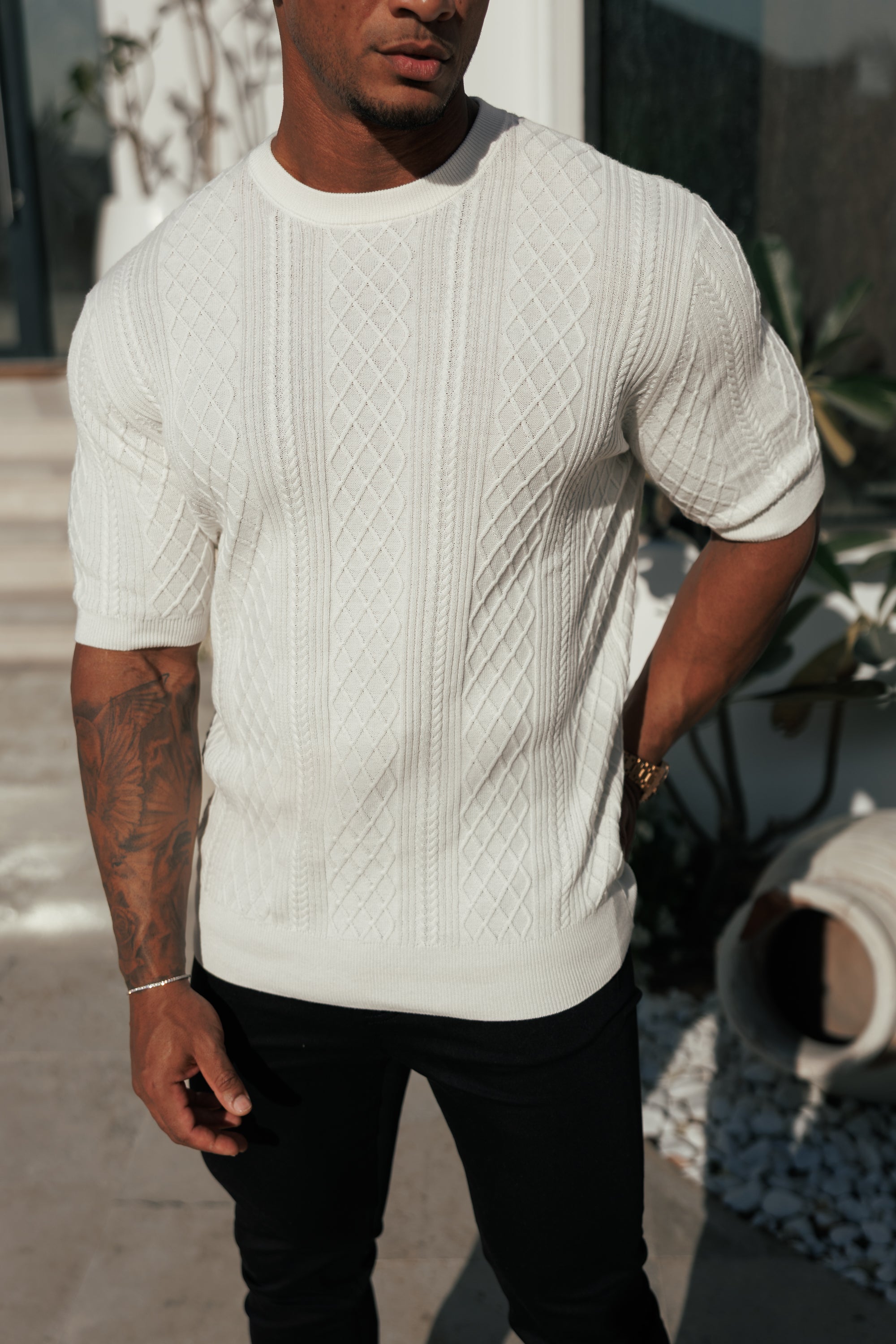 Feinstrickpullover mit Rautenmuster, cremeweiß, Kurzarm - FSA009