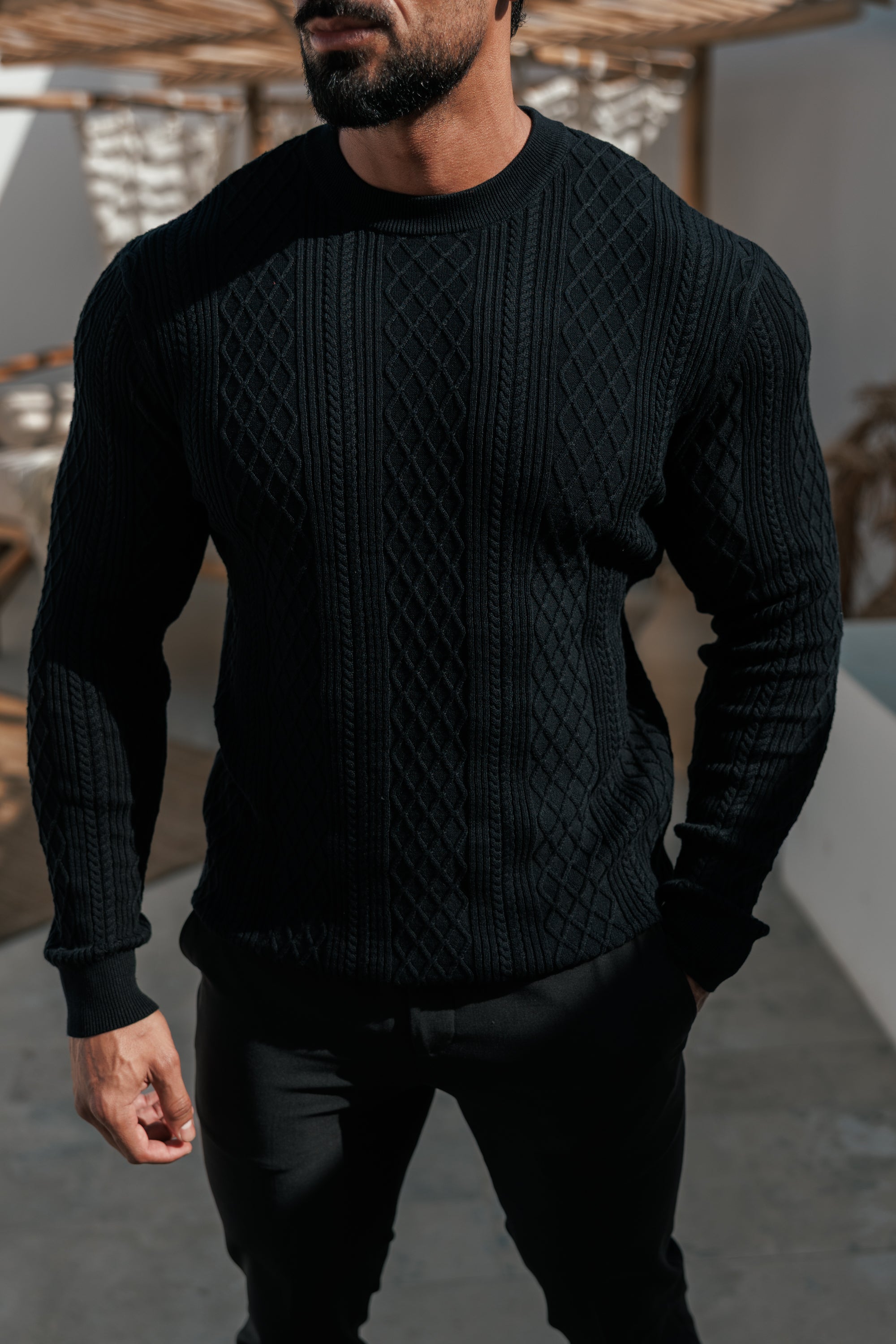Feinstrickpullover mit Rautenmuster, schwarz, langärmlig - FSA006
